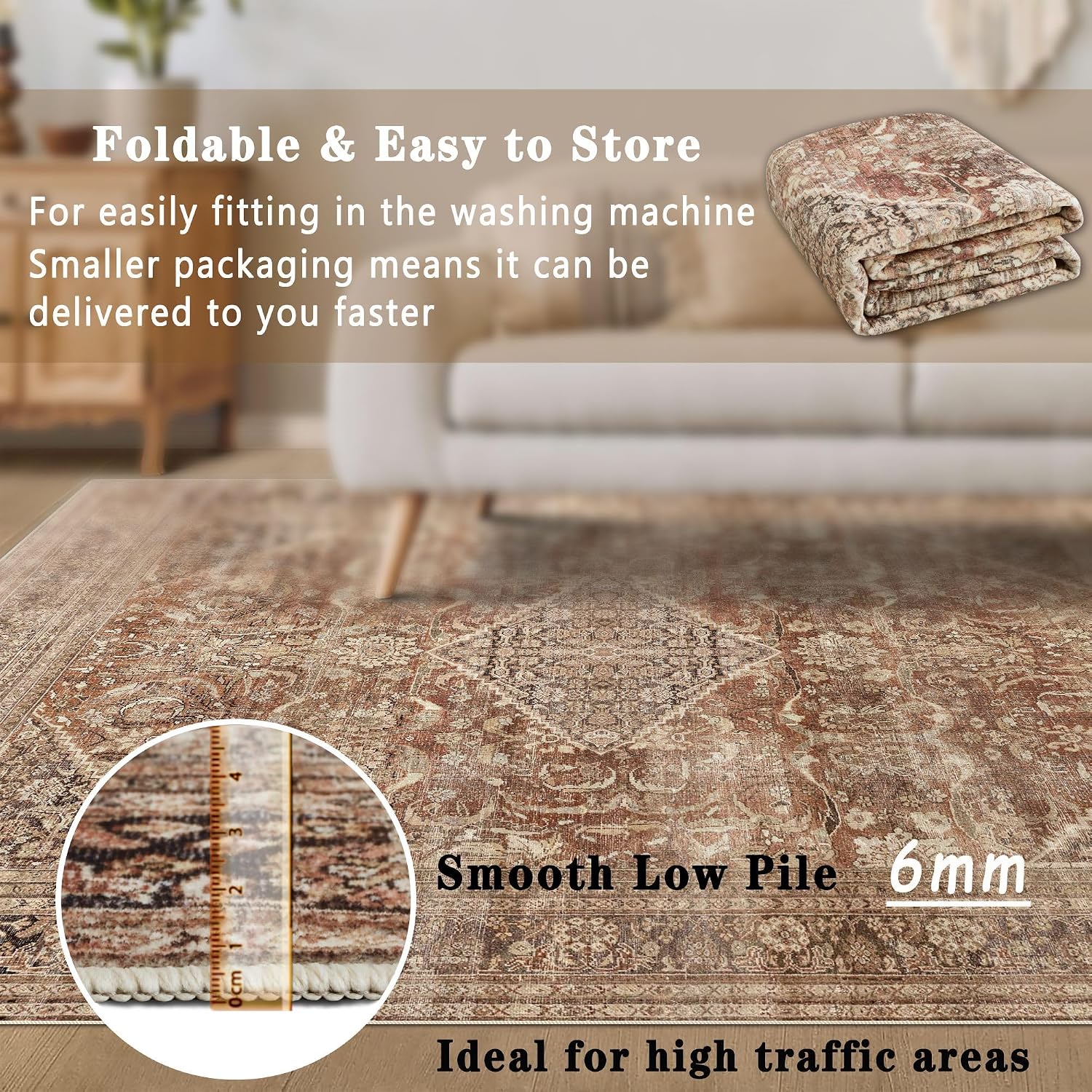8x10 Area Rugs for Living Room, Non-Slip Backing Washable Rug 8x10, Large Area Rug Soft Carpet for Bedroom Dining Room, Vintage, Easy Clean, Durable, Low Pile Rug Under Table, Earth Tone