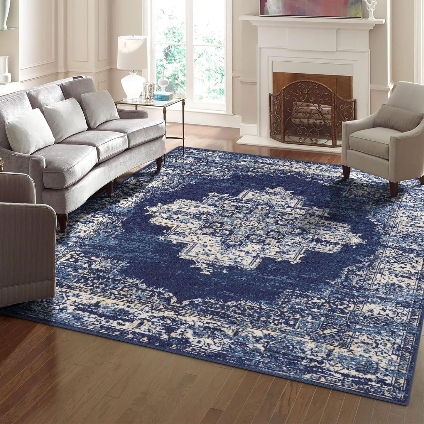 Classic-navy Rugs for Living Room, Non-Slip Backing Washable Rug, Large Area Rug Soft Carpet for Bedroom Dining Room, Vintage, Easy Clean, Durable, Low Pile Rug Under Table