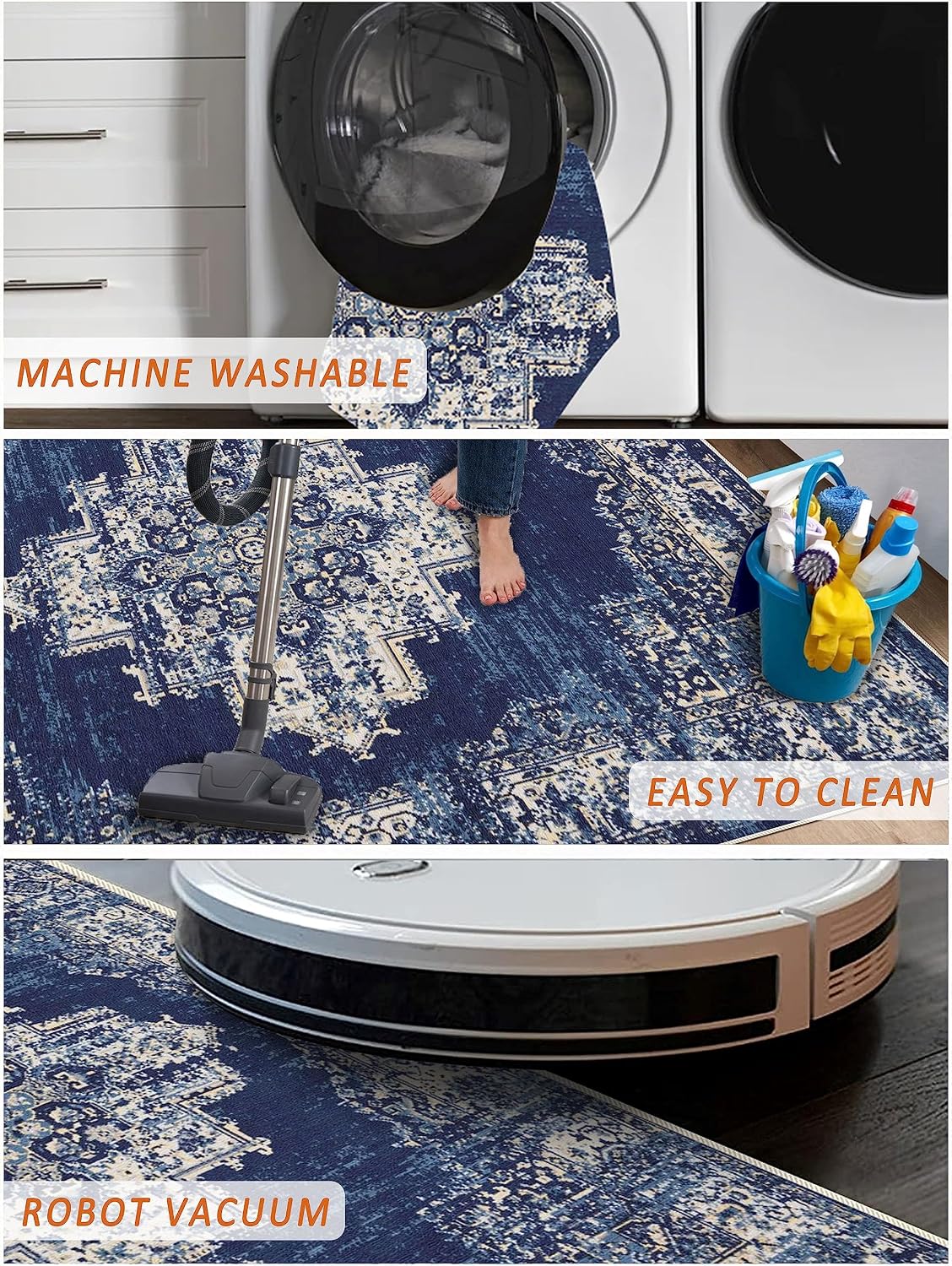 Classic-navy Rugs for Living Room, Non-Slip Backing Washable Rug, Large Area Rug Soft Carpet for Bedroom Dining Room, Vintage, Easy Clean, Durable, Low Pile Rug Under Table