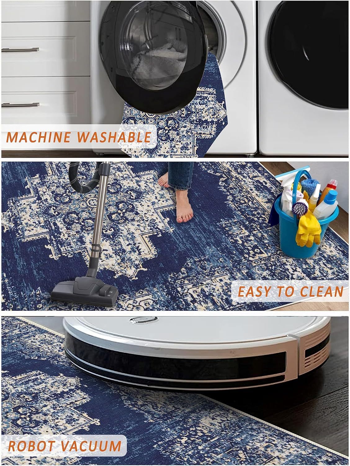 Classic-navy Rugs for Living Room, Non-Slip Backing Washable Rug, Large Area Rug Soft Carpet for Bedroom Dining Room, Vintage, Easy Clean, Durable, Low Pile Rug Under Table