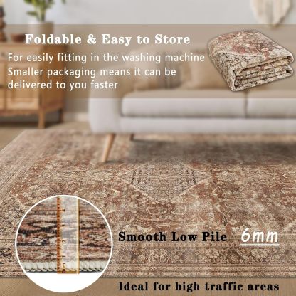 8x10 Area Rugs for Living Room, Non-Slip Backing Washable Rug 8x10, Large Area Rug Soft Carpet for Bedroom Dining Room, Vintage, Easy Clean, Durable, Low Pile Rug Under Table, Earth Tone