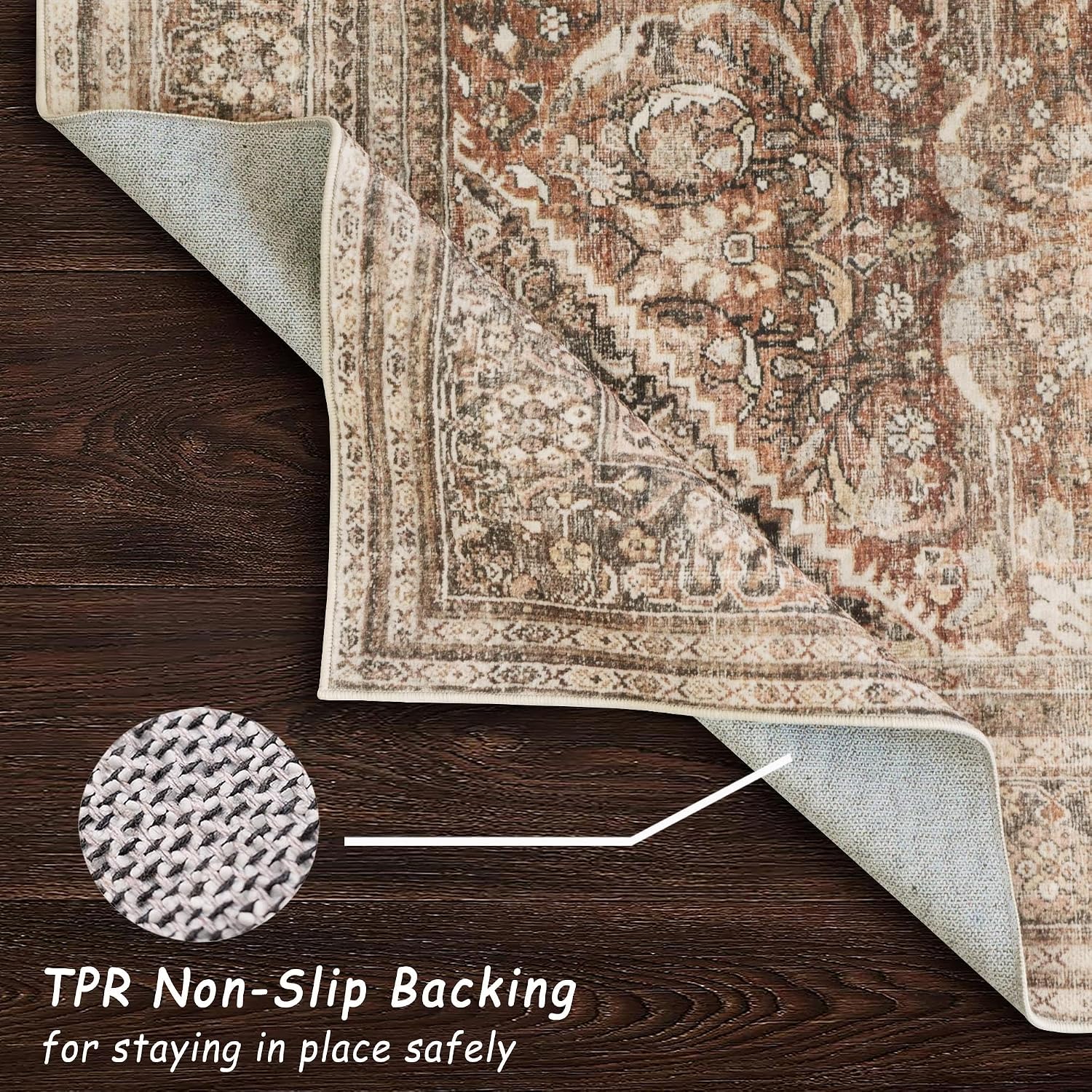 8x10 Area Rugs for Living Room, Non-Slip Backing Washable Rug 8x10, Large Area Rug Soft Carpet for Bedroom Dining Room, Vintage, Easy Clean, Durable, Low Pile Rug Under Table, Earth Tone