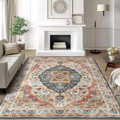 Yellowish/Navy Rugs for Living Room, Non-Slip Backing Washable Rug, Large Area Rug Soft Carpet for Bedroom Dining Room, Vintage, Easy Clean, Durable, Low Pile Rug Under Table