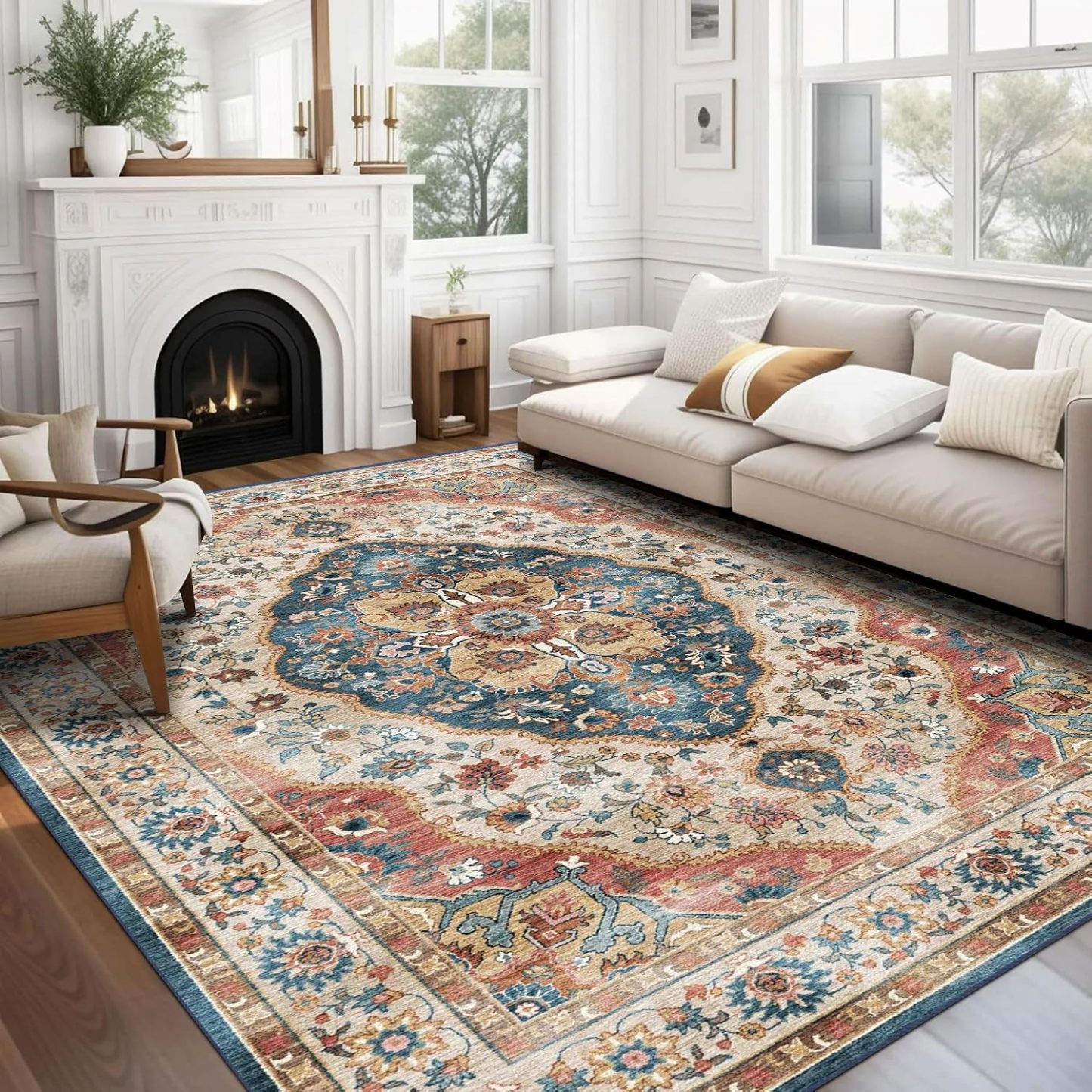 Yellowish/Navy Rugs for Living Room, Non-Slip Backing Washable Rug, Large Area Rug Soft Carpet for Bedroom Dining Room, Vintage, Easy Clean, Durable, Low Pile Rug Under Table