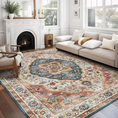 Yellowish/Navy Rugs for Living Room, Non-Slip Backing Washable Rug, Large Area Rug Soft Carpet for Bedroom Dining Room, Vintage, Easy Clean, Durable, Low Pile Rug Under Table