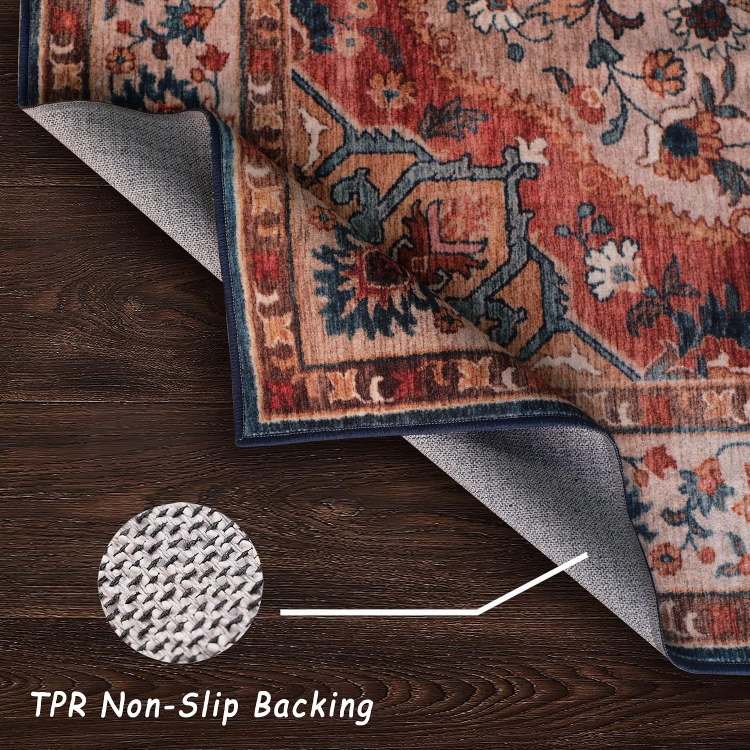Yellowish/Navy Rugs for Living Room, Non-Slip Backing Washable Rug, Large Area Rug Soft Carpet for Bedroom Dining Room, Vintage, Easy Clean, Durable, Low Pile Rug Under Table