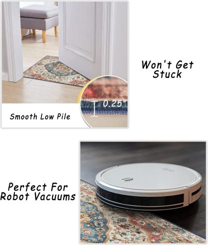 Yellowish/Navy Rugs for Living Room, Non-Slip Backing Washable Rug, Large Area Rug Soft Carpet for Bedroom Dining Room, Vintage, Easy Clean, Durable, Low Pile Rug Under Table