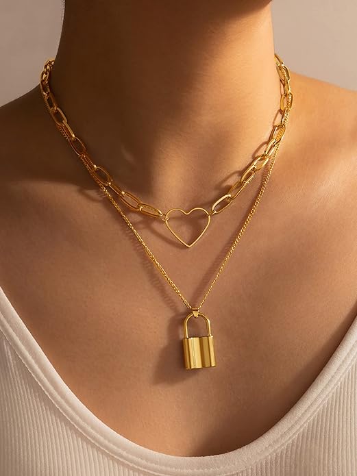Gold Layered Lock Heart Necklace for Teen Girls Punk Pendant Necklace for Women Gifts 14K Pendant Necklace, Copper, other