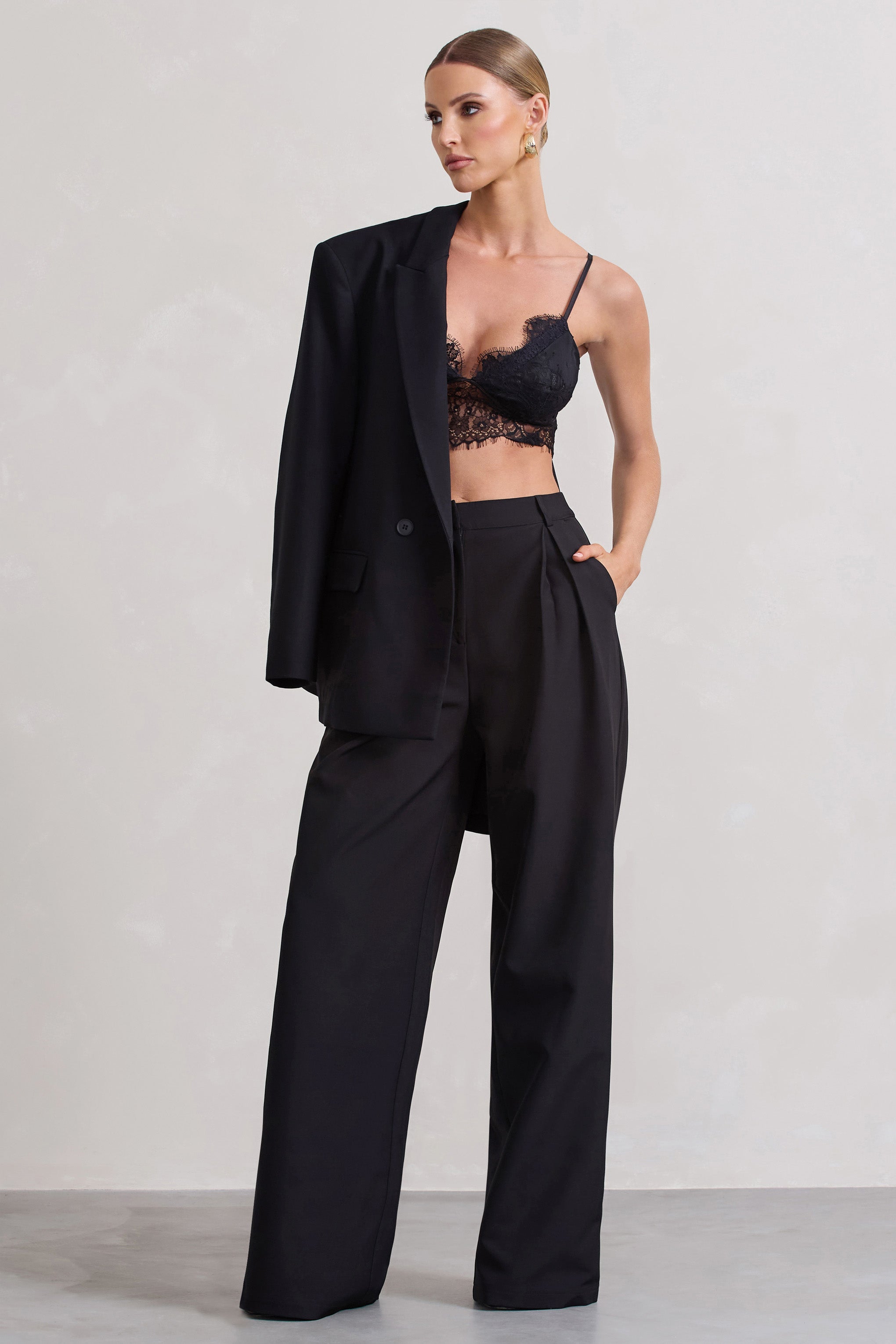 Black High Waist Pleated Wide-Leg Trousers