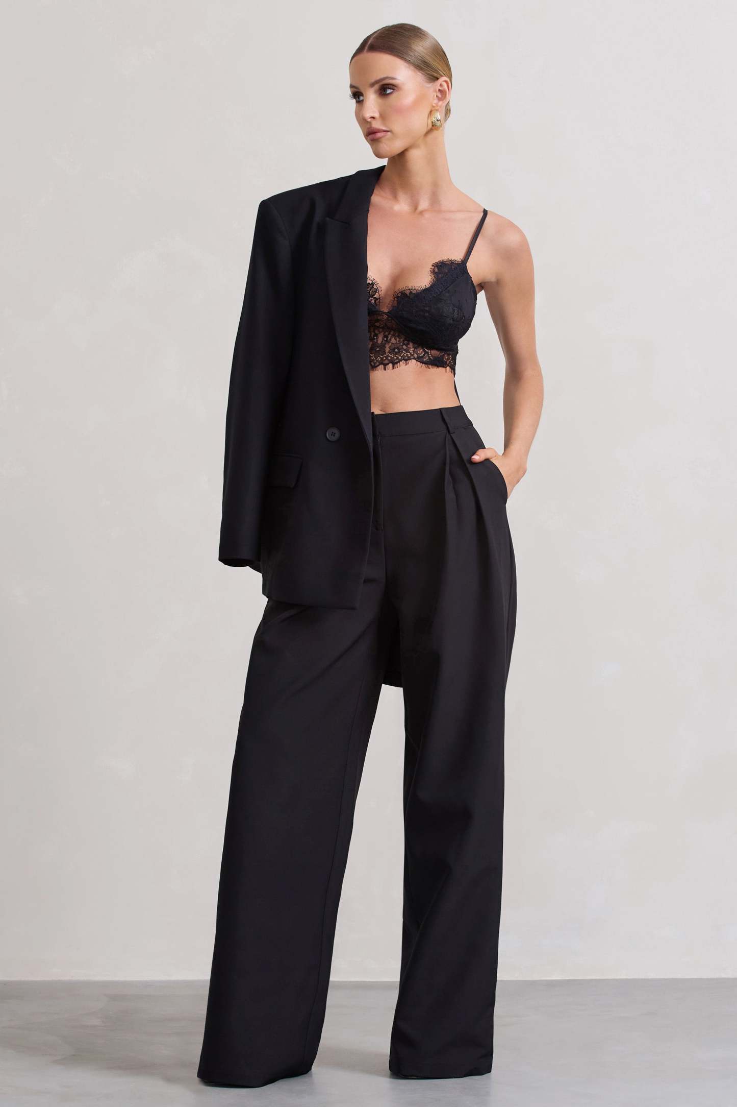 Black High Waist Pleated Wide-Leg Trousers