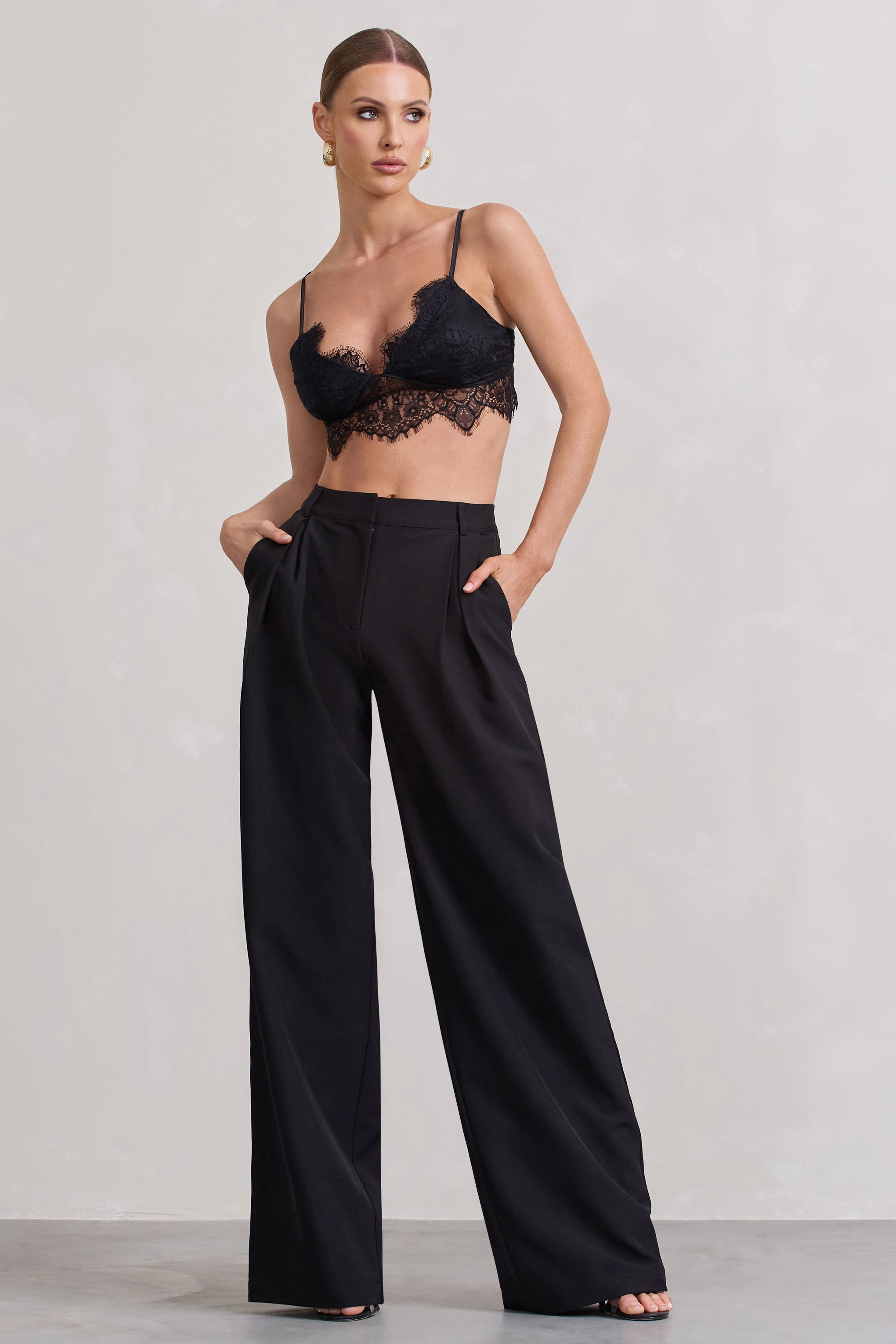 Black High Waist Pleated Wide-Leg Trousers