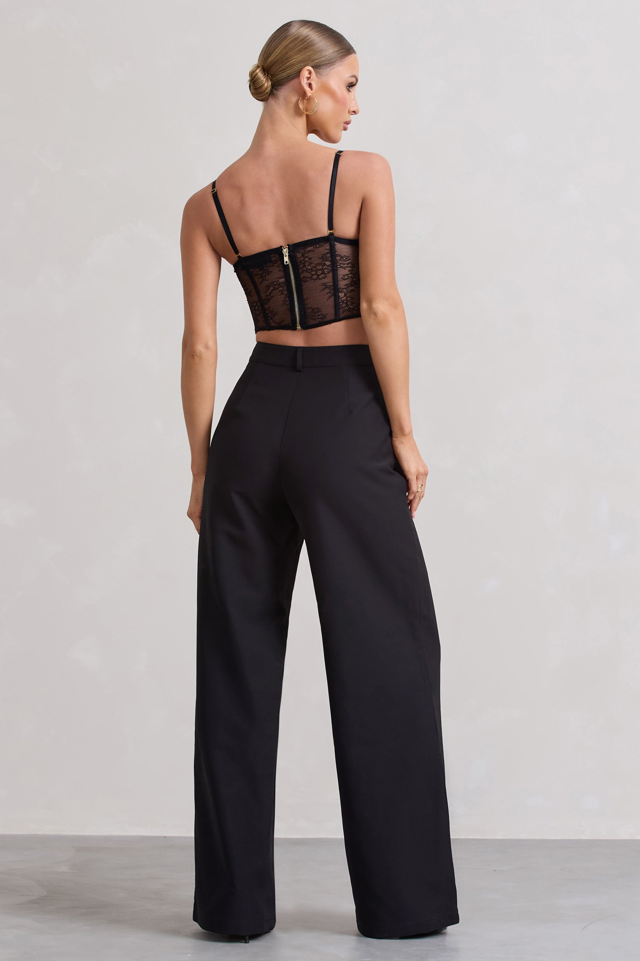 Black High Waist Pleated Wide-Leg Trousers