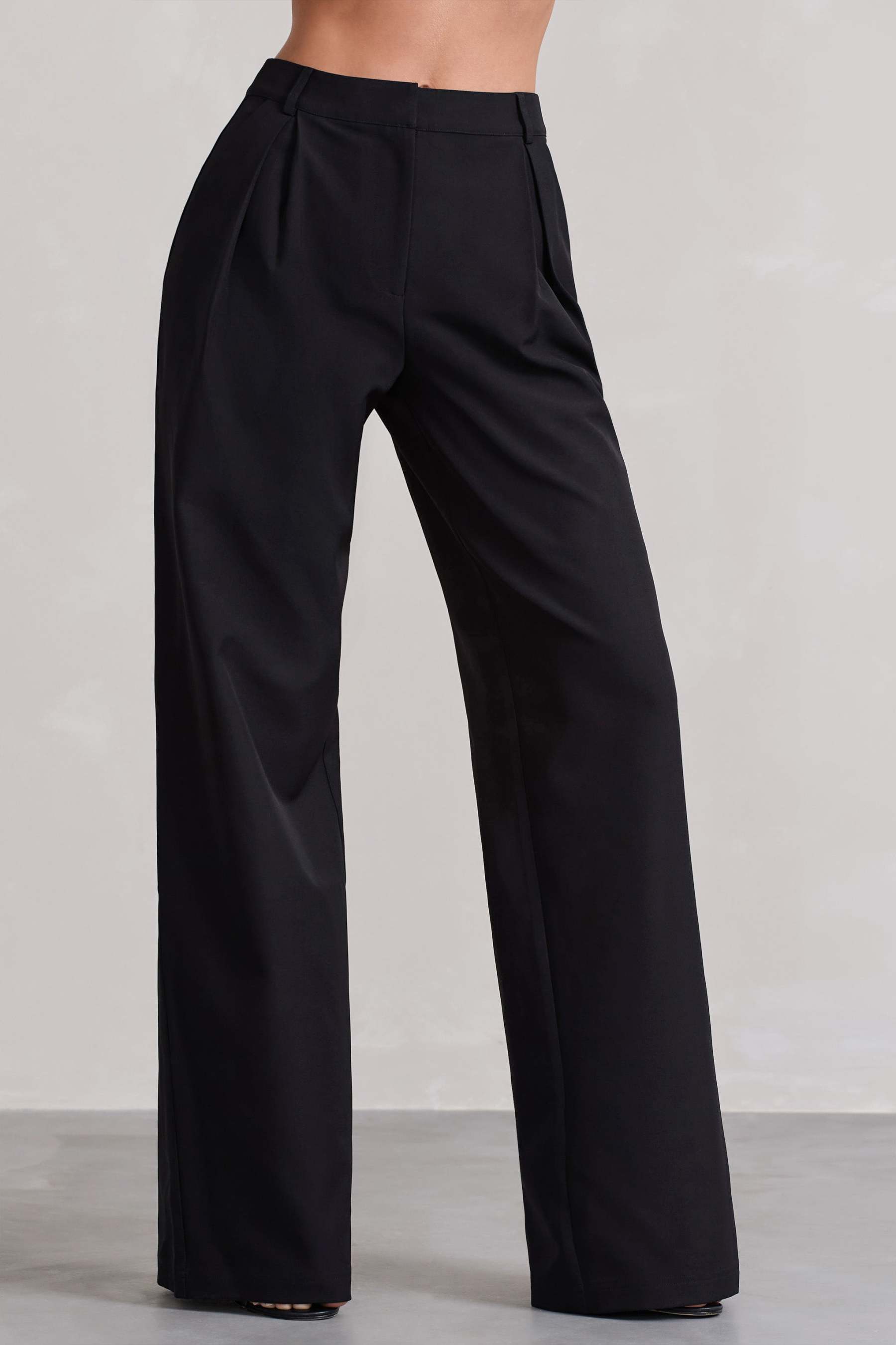 Black High Waist Pleated Wide-Leg Trousers