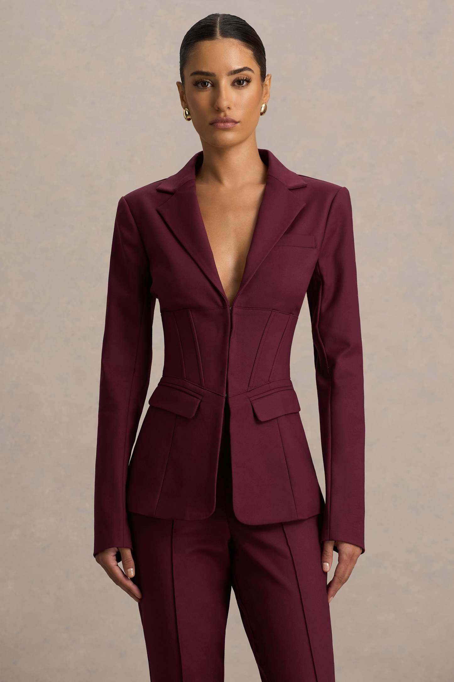 Burgundy High Waist Tailored Trousers With Hem Split