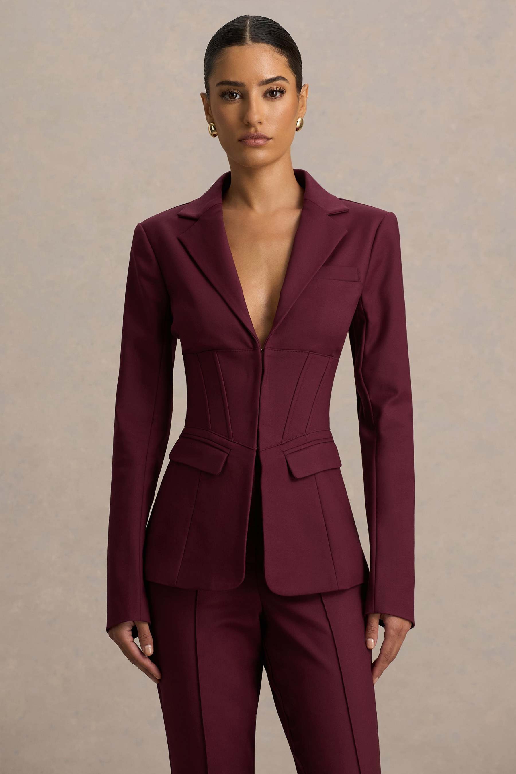 Burgundy High Waist Tailored Trousers With Hem Split