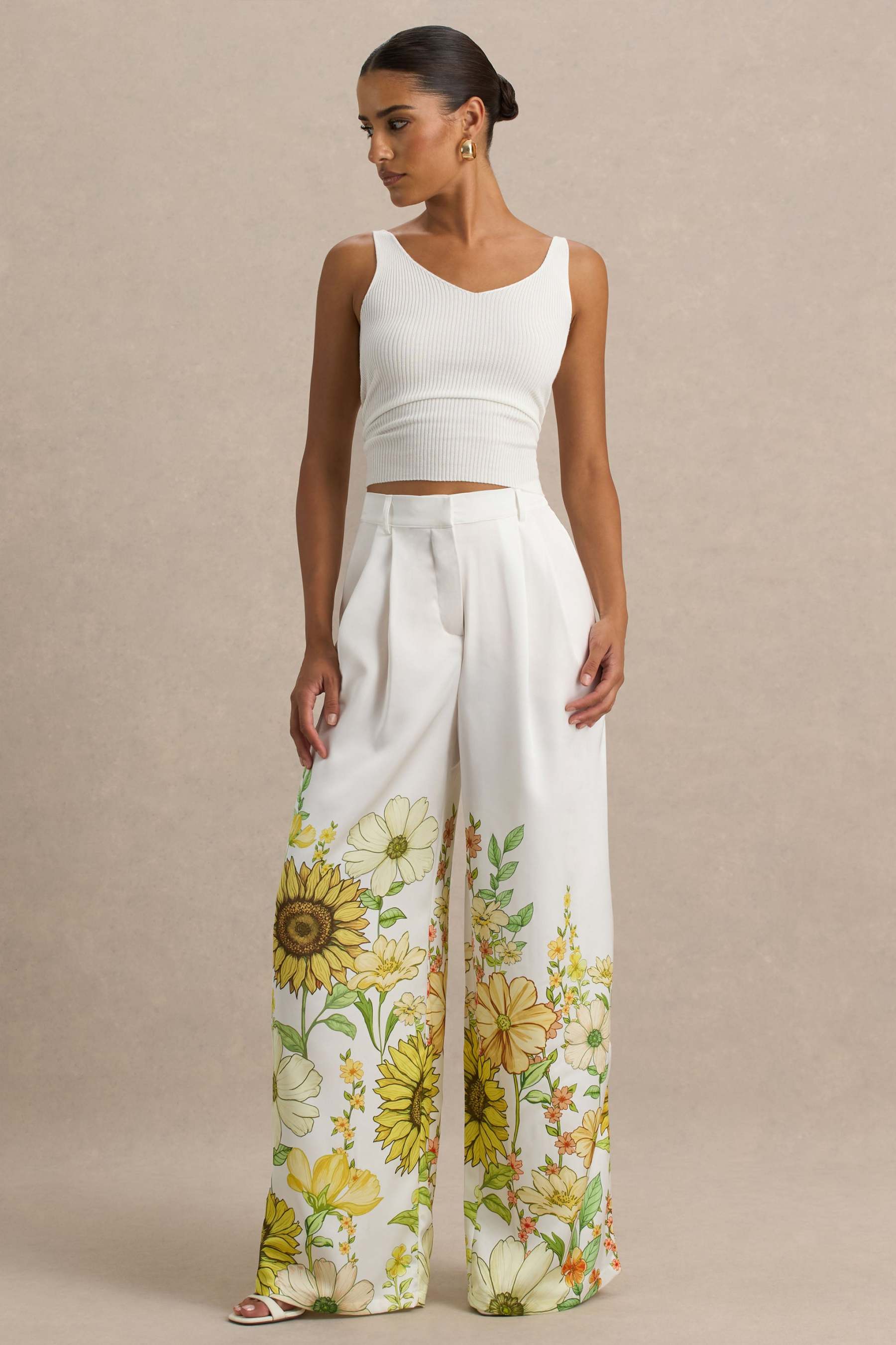 Louise | Sunflower Print Wide-Leg Trousers