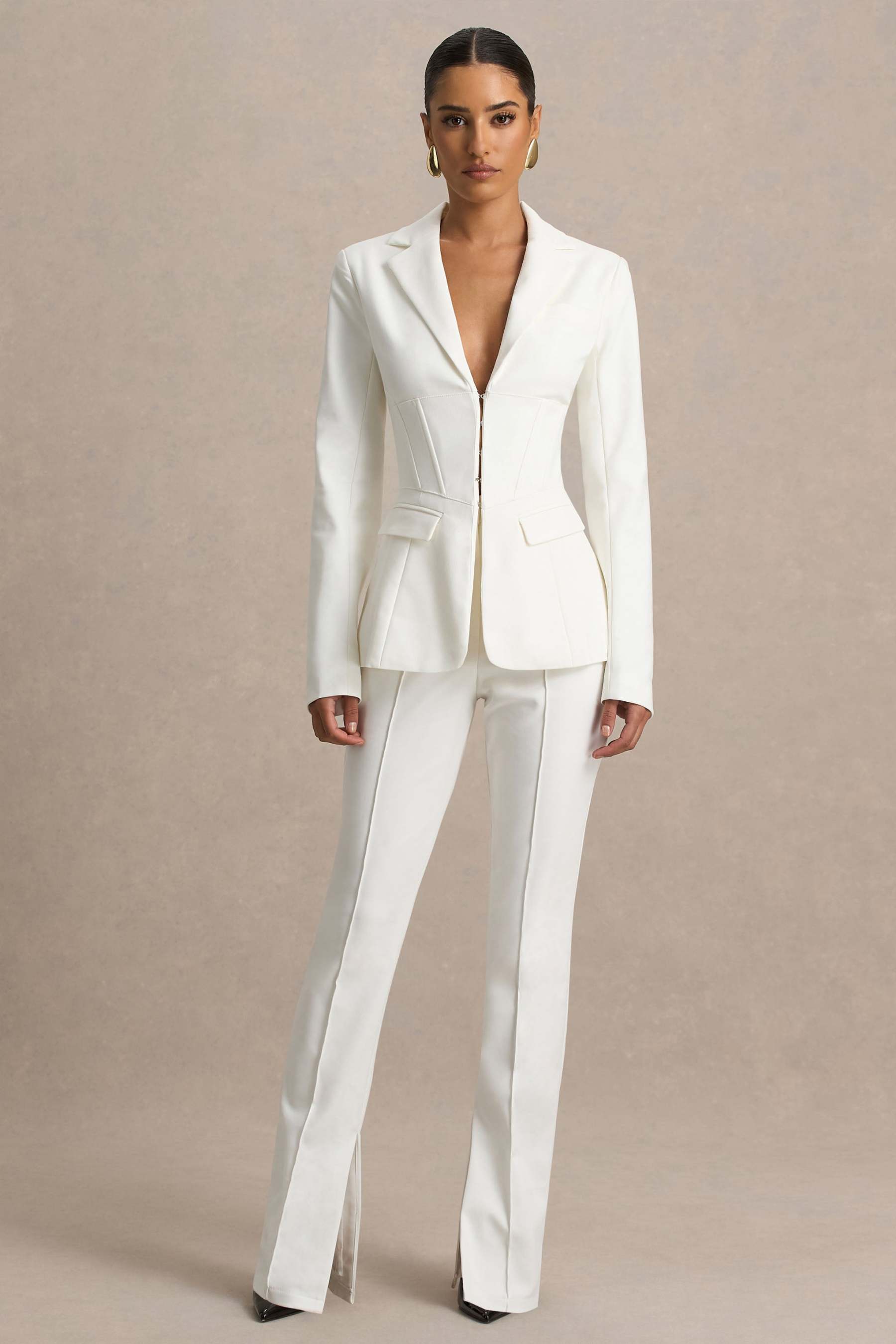 Cream High Waist Tailored Trousers With Hem Split