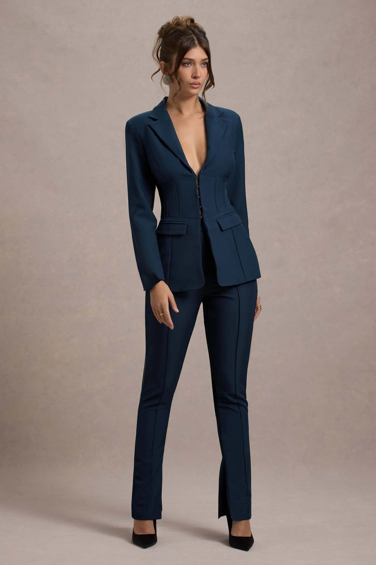Navy High Waist Tailored Trousers With Hem Split