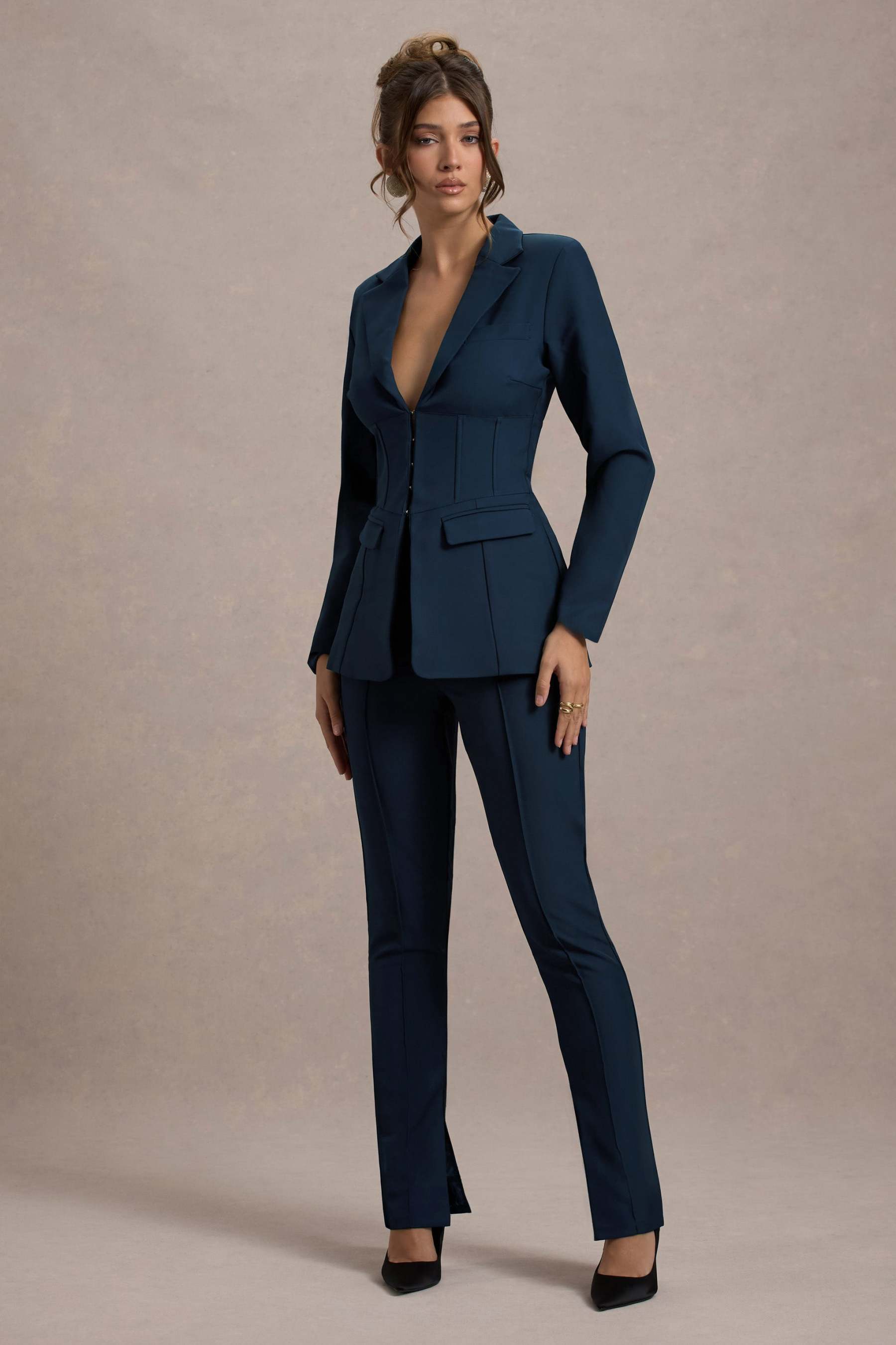 Navy High Waist Tailored Trousers With Hem Split