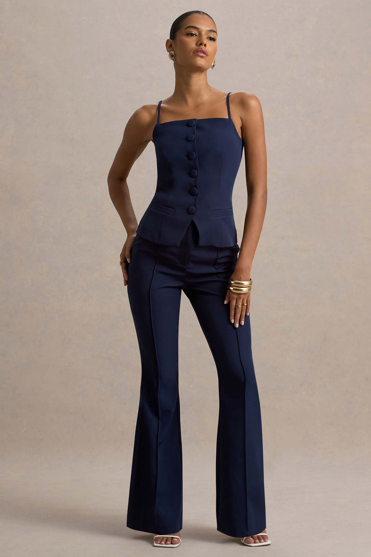 Jada | Navy Tailored Flared-Leg Trousers