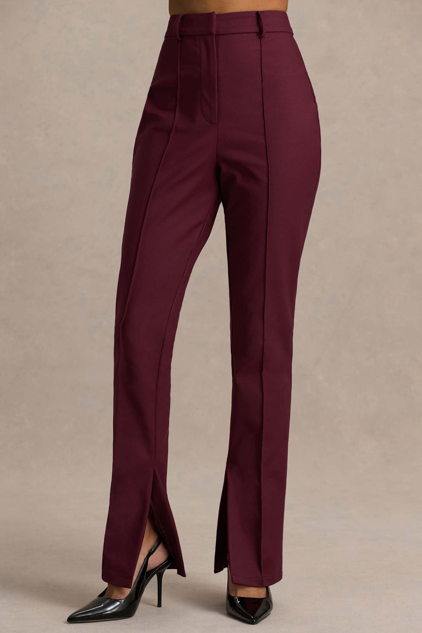 Burgundy High Waist Tailored Trousers With Hem Split