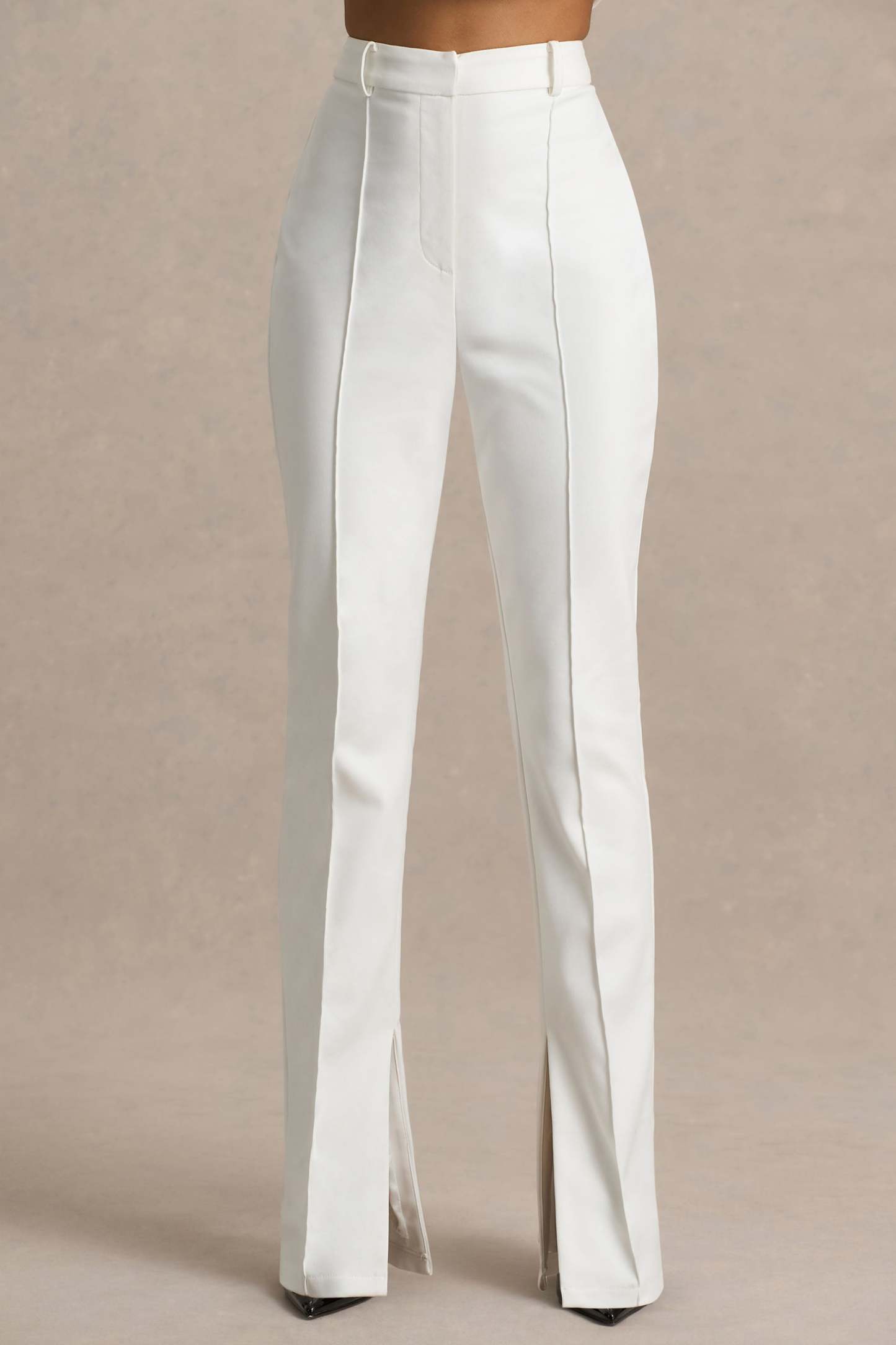 Cream High Waist Tailored Trousers With Hem Split