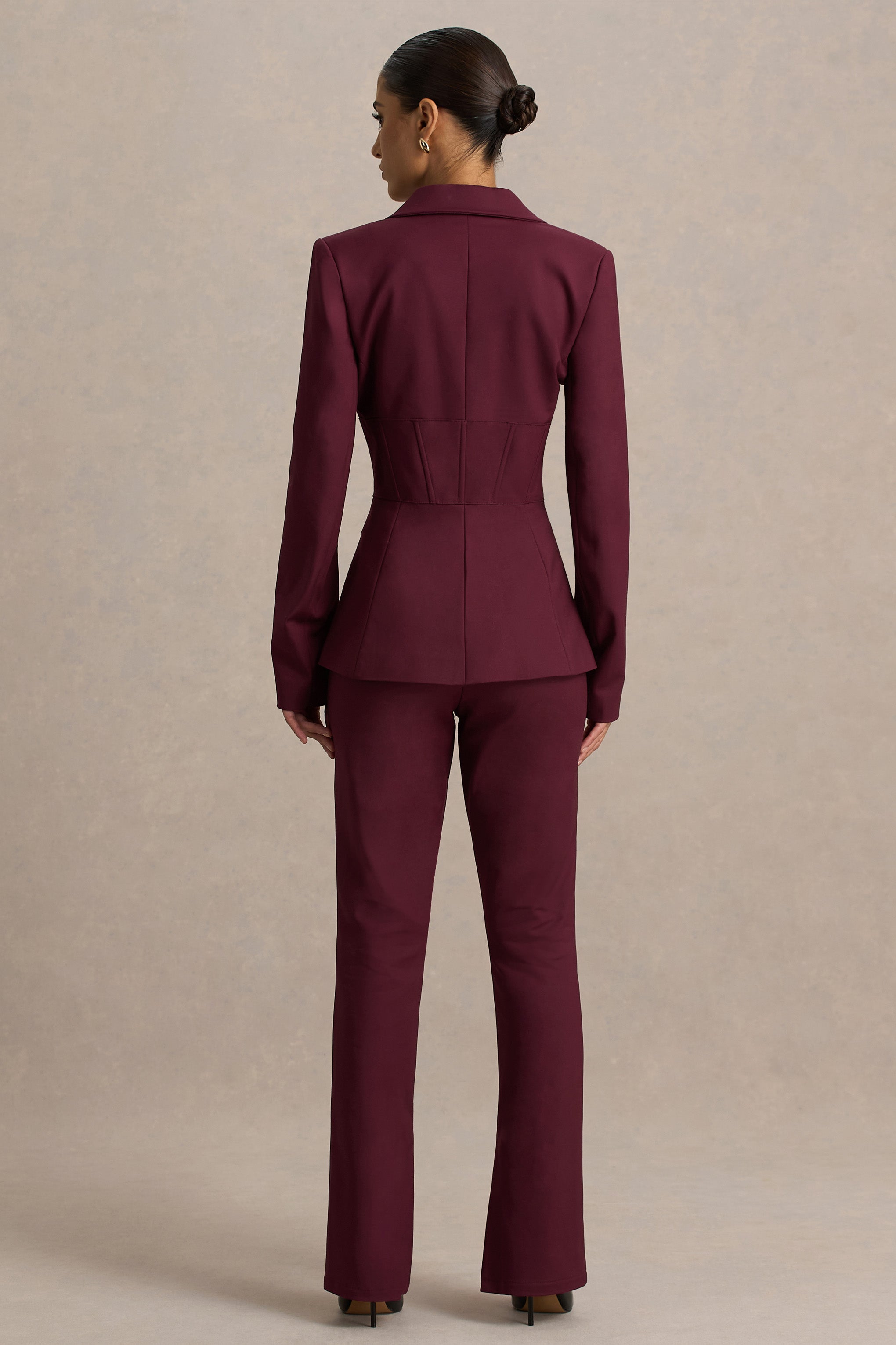 Burgundy High Waist Tailored Trousers With Hem Split