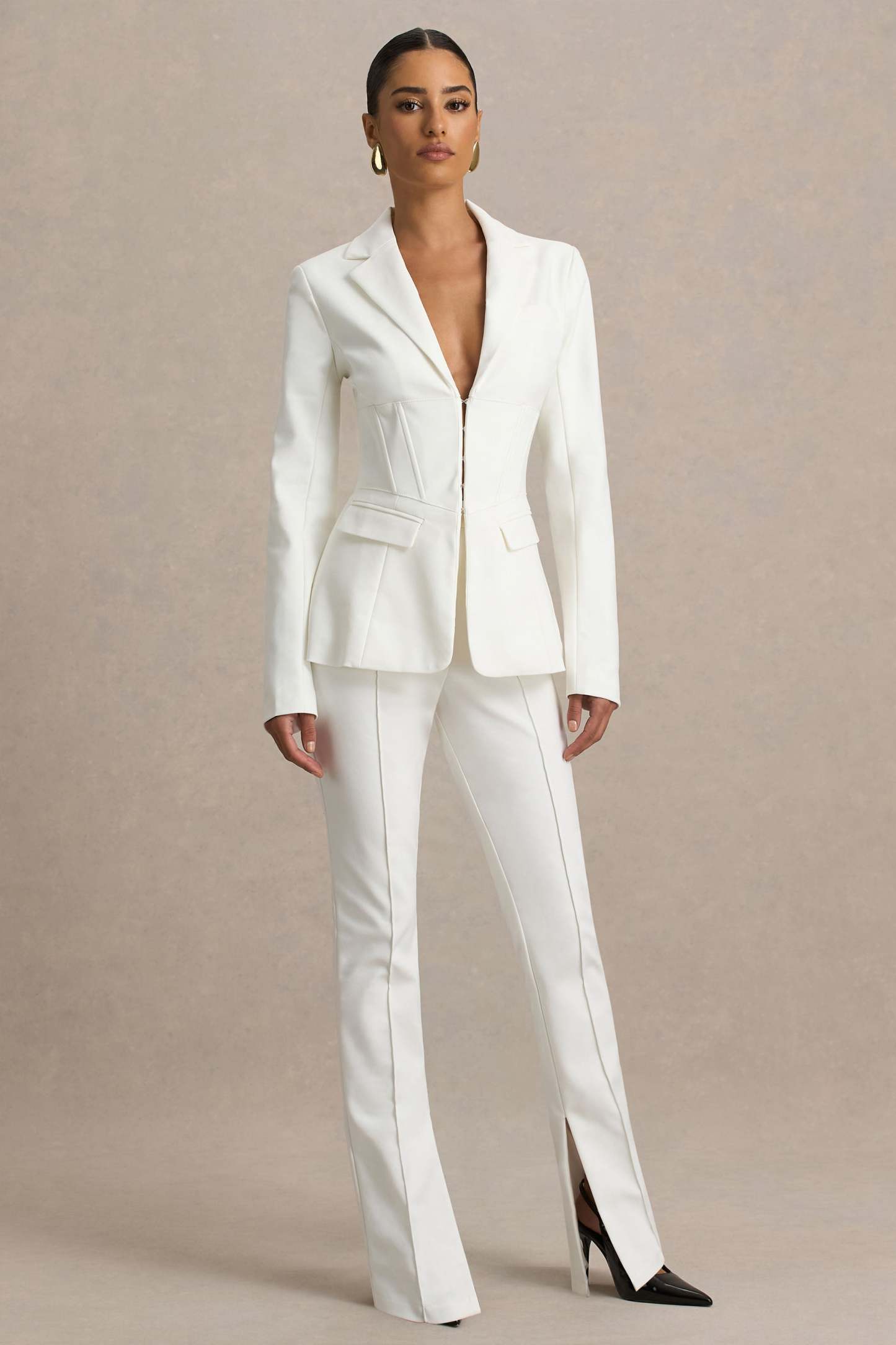 Cream High Waist Tailored Trousers With Hem Split