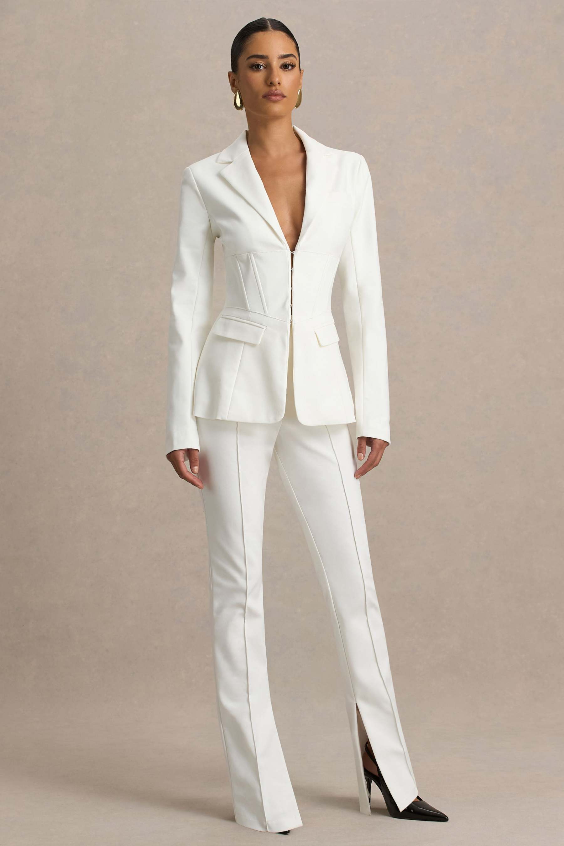 Cream High Waist Tailored Trousers With Hem Split