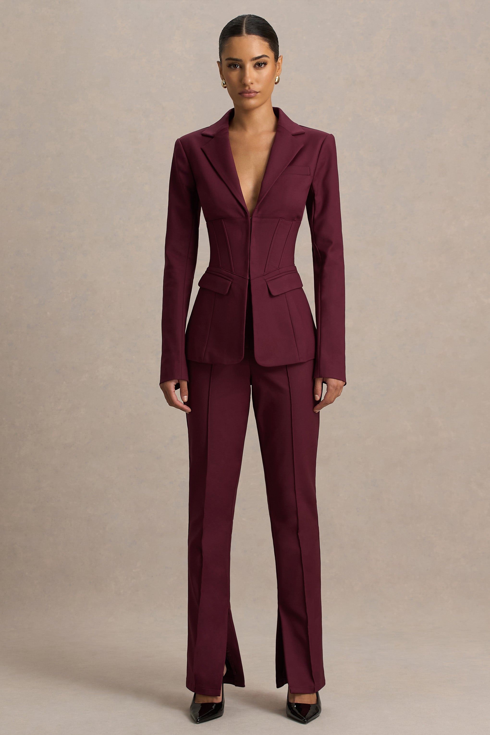 Burgundy High Waist Tailored Trousers With Hem Split