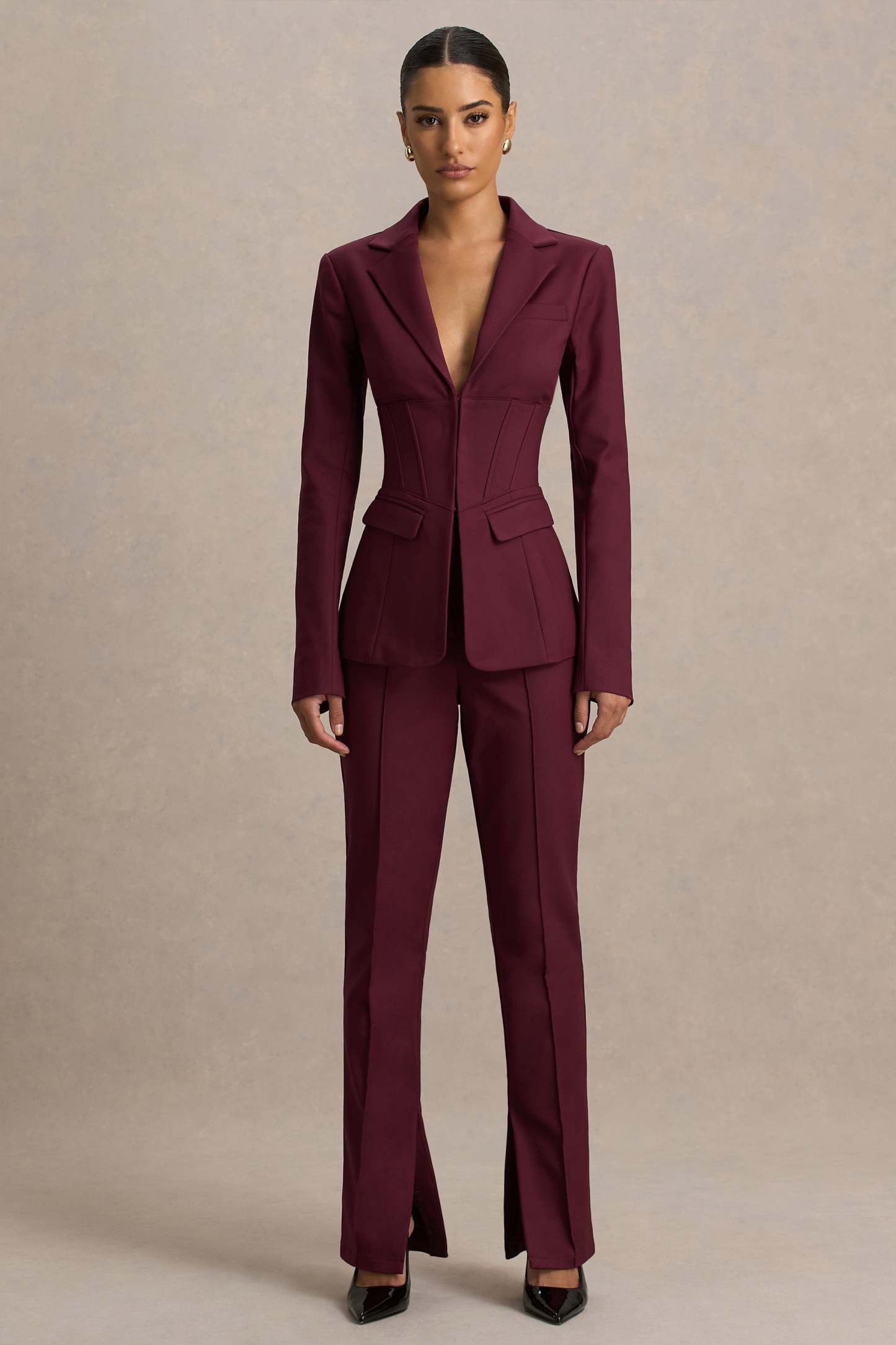 Burgundy High Waist Tailored Trousers With Hem Split