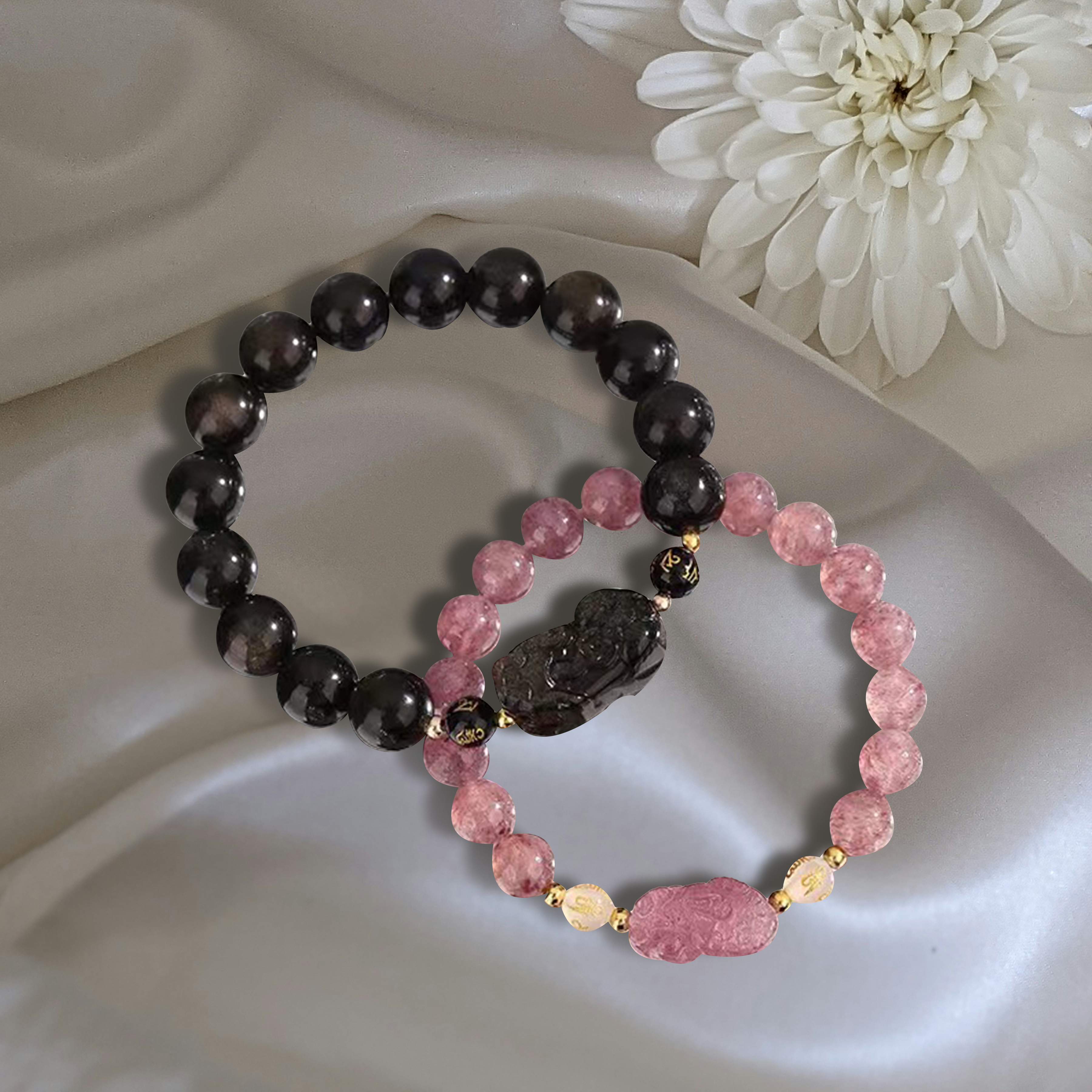 Lucklumen Pixiu Strawberry Crystal Obsidian Bracelet To Attract Good Luck And Wealth