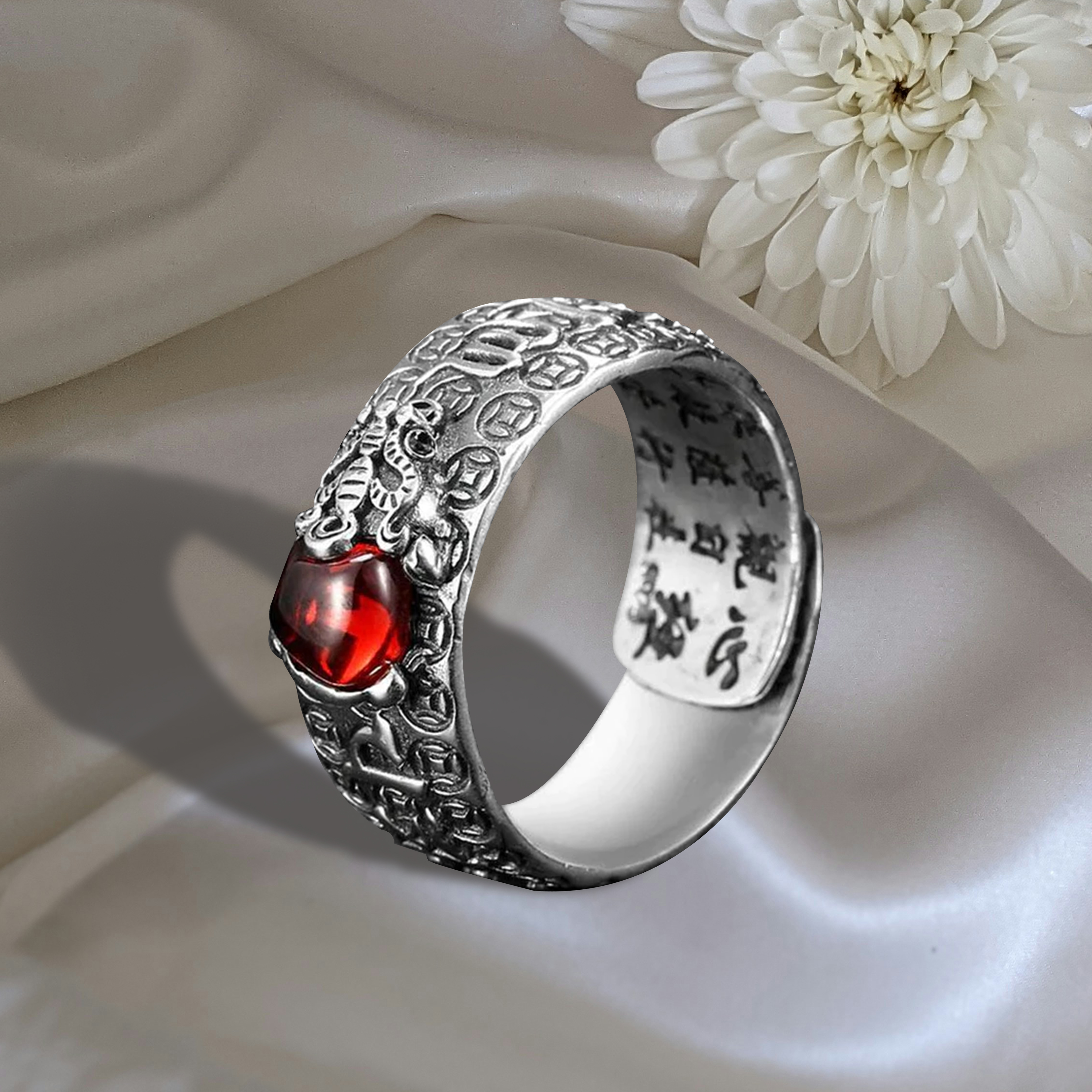 Lucklumen Natural Garnet Pixiu  Feng Shui Wealth Ring Attracts Wealth and Success 