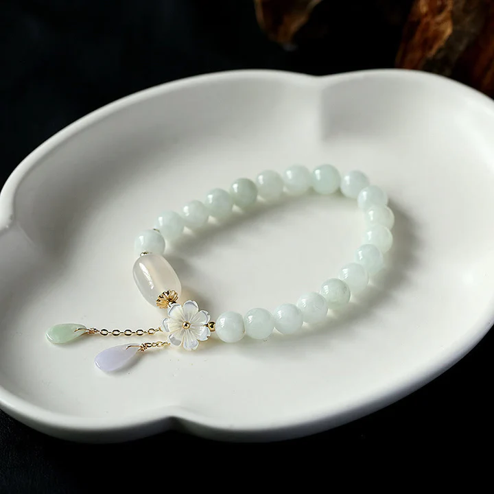 Lucklumen Buddha Stones Natural White Jade Bracelet Luck and Protection 