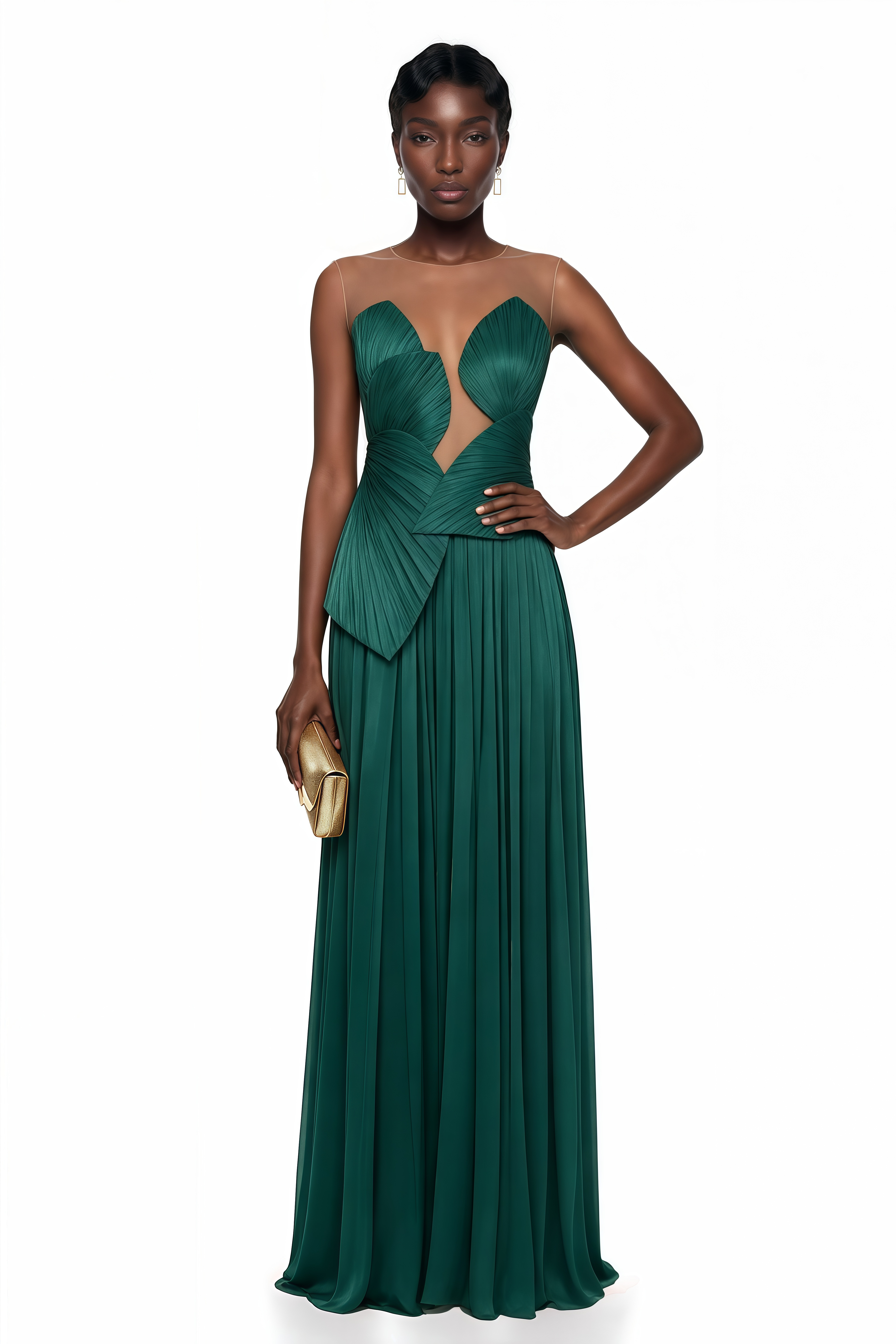 Emerald green pleated maxi dress featuring a structured geometric bodice with a sheer mesh illusion neckline