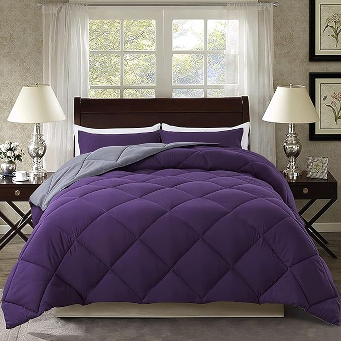 3 Pieces Comforter Set (Cal-King, Purple & Grey) - 1 Reversible Down Alternative Comforter with 2 Pillow Shams - Soft Lightweight Duvet Insert
