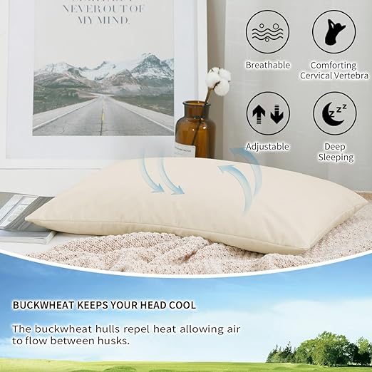Organic Buckwheat Pillow for Sleeping - Standard Size 20''x26'', Adjustable Loft, Breathable for Cool Sleep, Cervical Support for Back and Side Sleepers