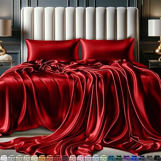 Satin Sheets Queen Size Set 4 Pcs - Silky & Luxuriously Soft Satin Bed Sheets w/ 15 inch Deep Pocket - Double Stitching, Wrinkle Free