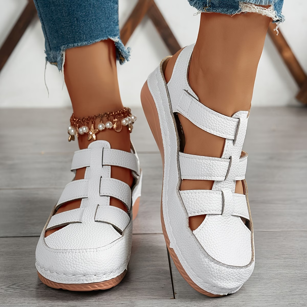 Women's Fashion Comfortable Hollow Breathable Adjustable Hook-And-Loop Wedge Sandals Outdoor Shoes