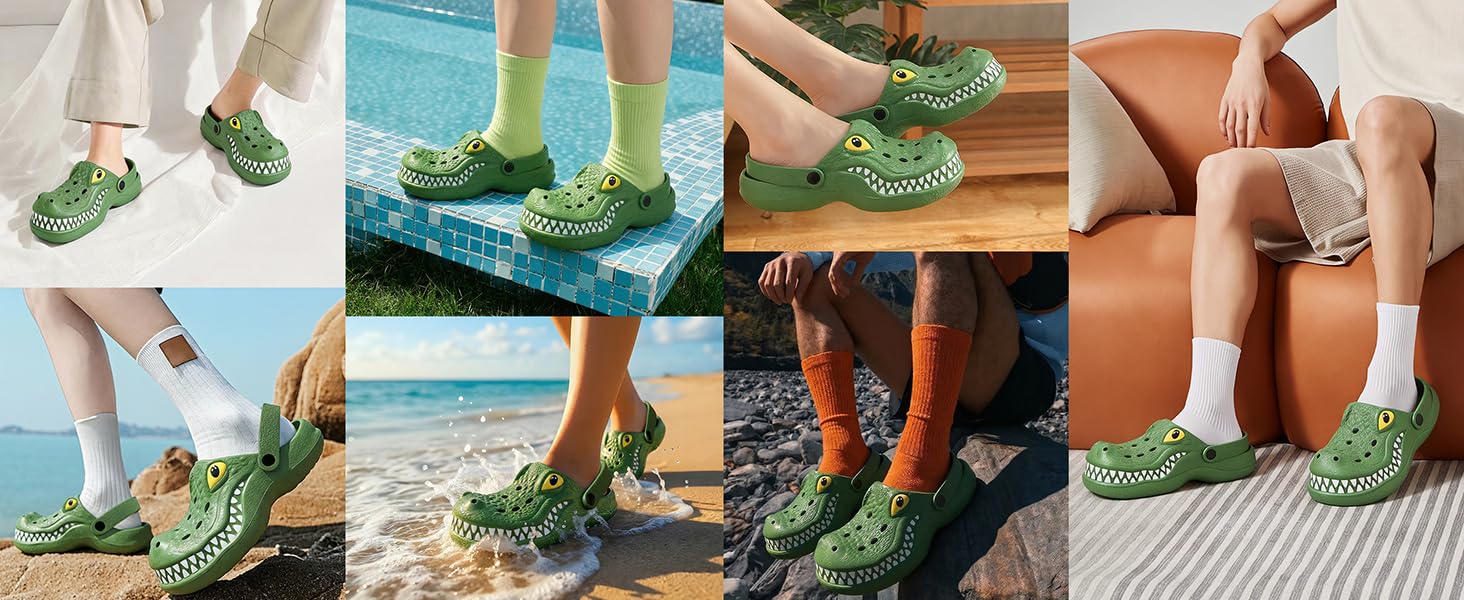 Funny 3D Crocodile Clogs for Men Women Lightweight EVA Garden Clogs Non Slip Breathable Foam Clogs with Arch Support Quick Dry Water Shoes Beach Pool Shower Slip On Slip Resistant Shoes Indoor Outdoor Slippers Casual Summer Shoes Footwear tiktokshopspring
