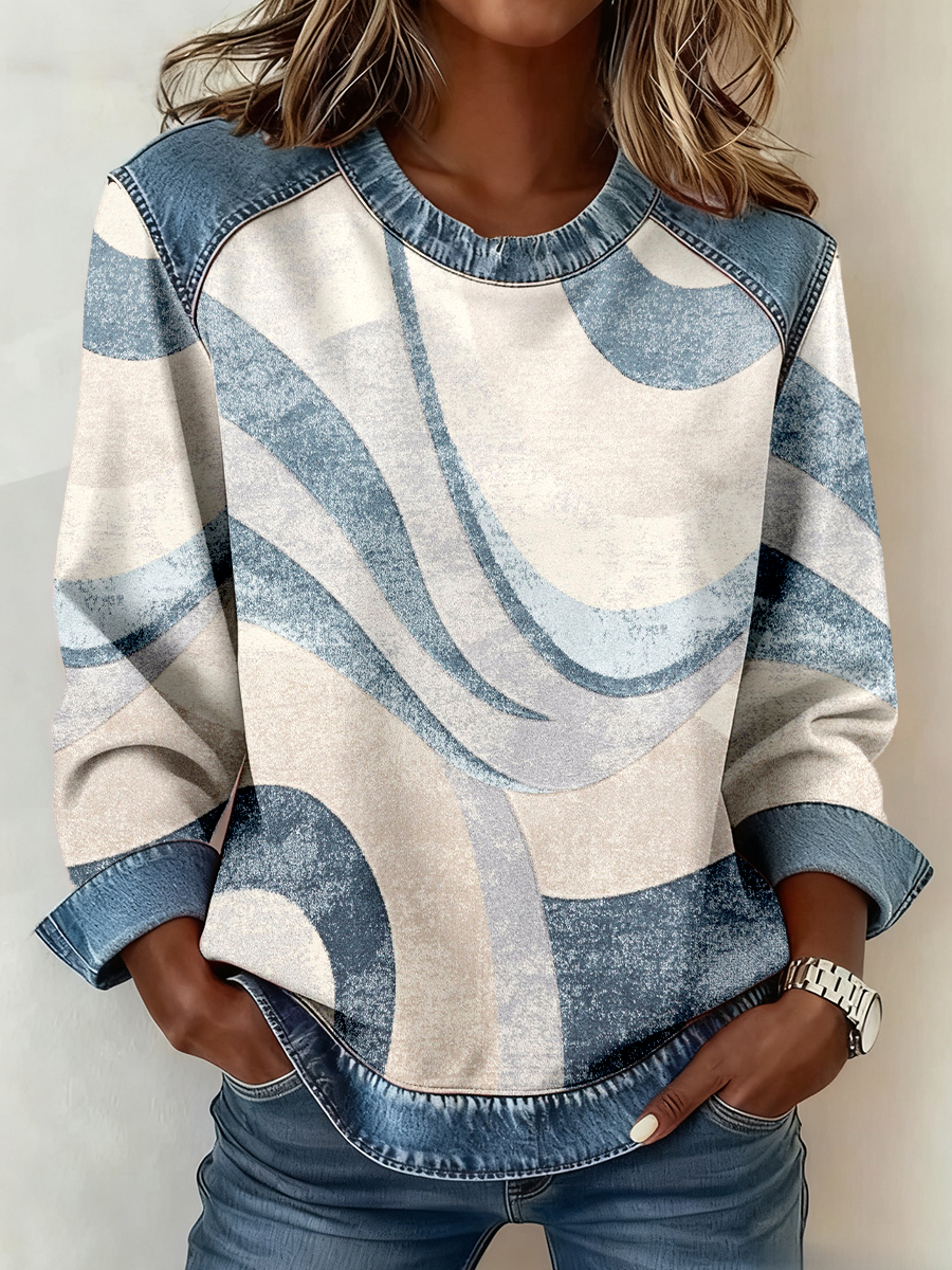 Damen abstraktes Kunst muster Denim Patchwork Sweatshirt