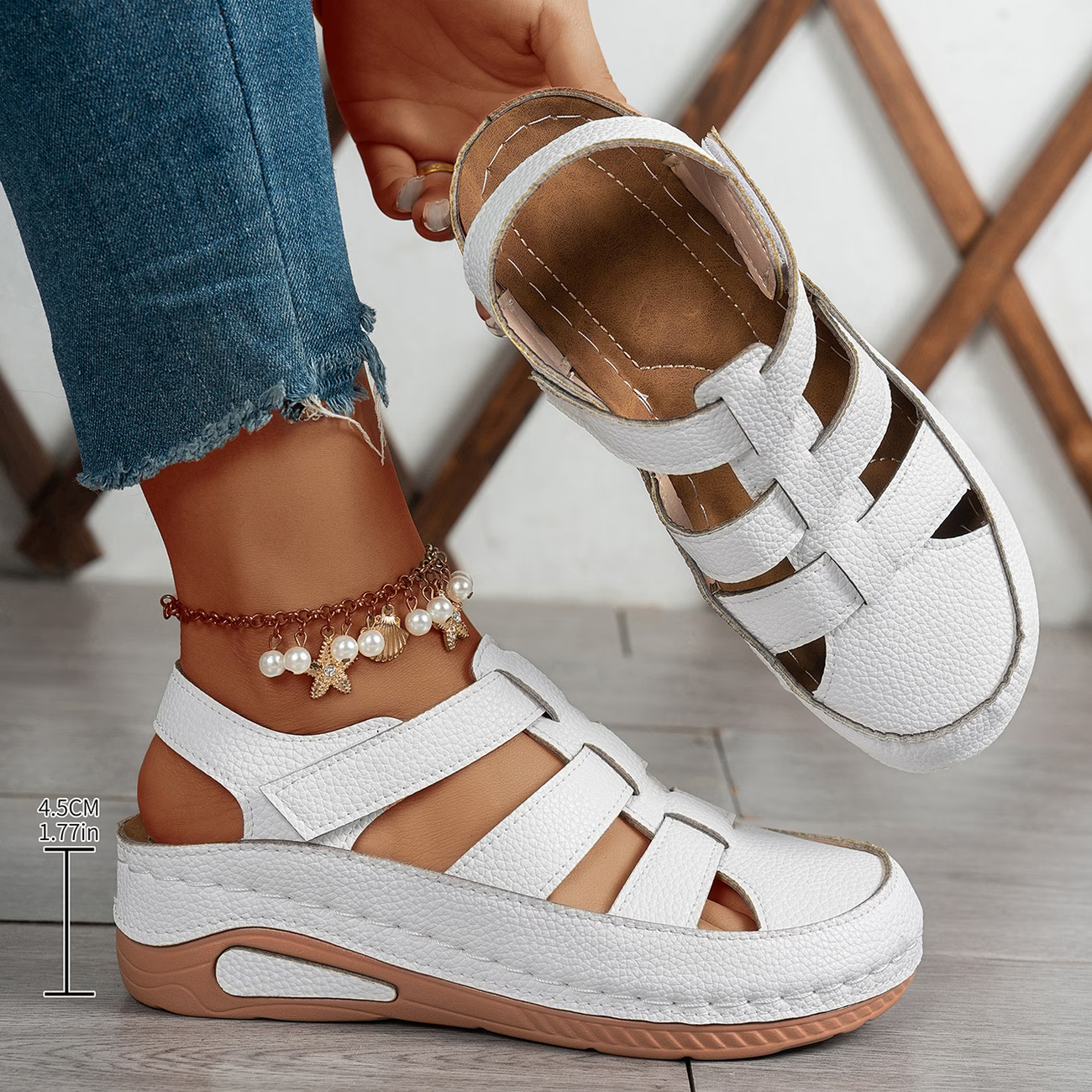 Women's Fashion Comfortable Hollow Breathable Adjustable Hook-And-Loop Wedge Sandals Outdoor Shoes