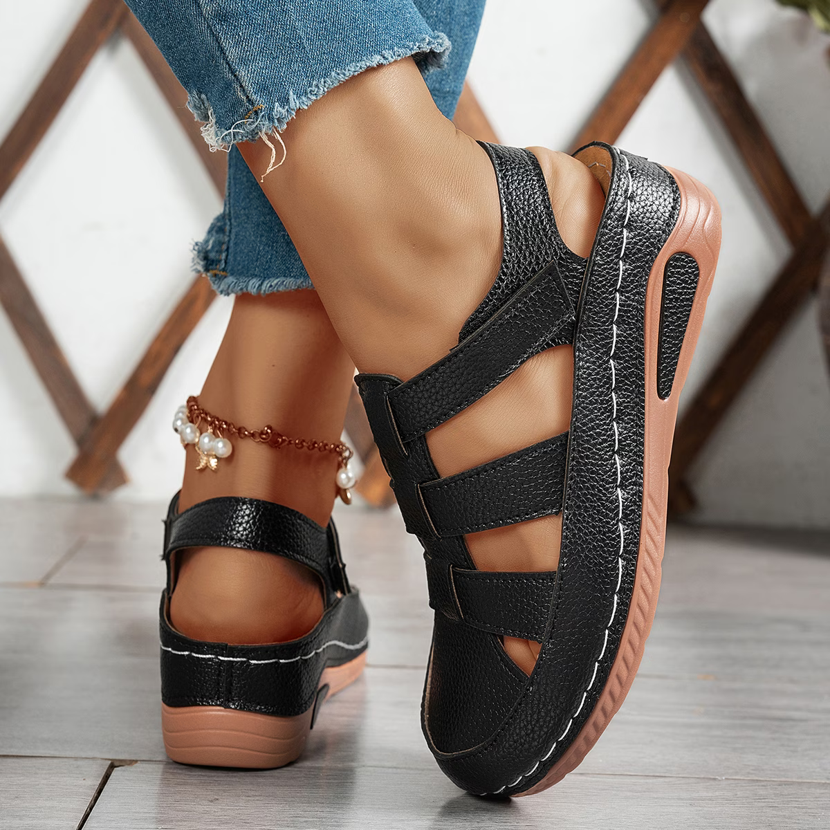 Women's Fashion Comfortable Hollow Breathable Adjustable Hook-And-Loop Wedge Sandals Outdoor Shoes