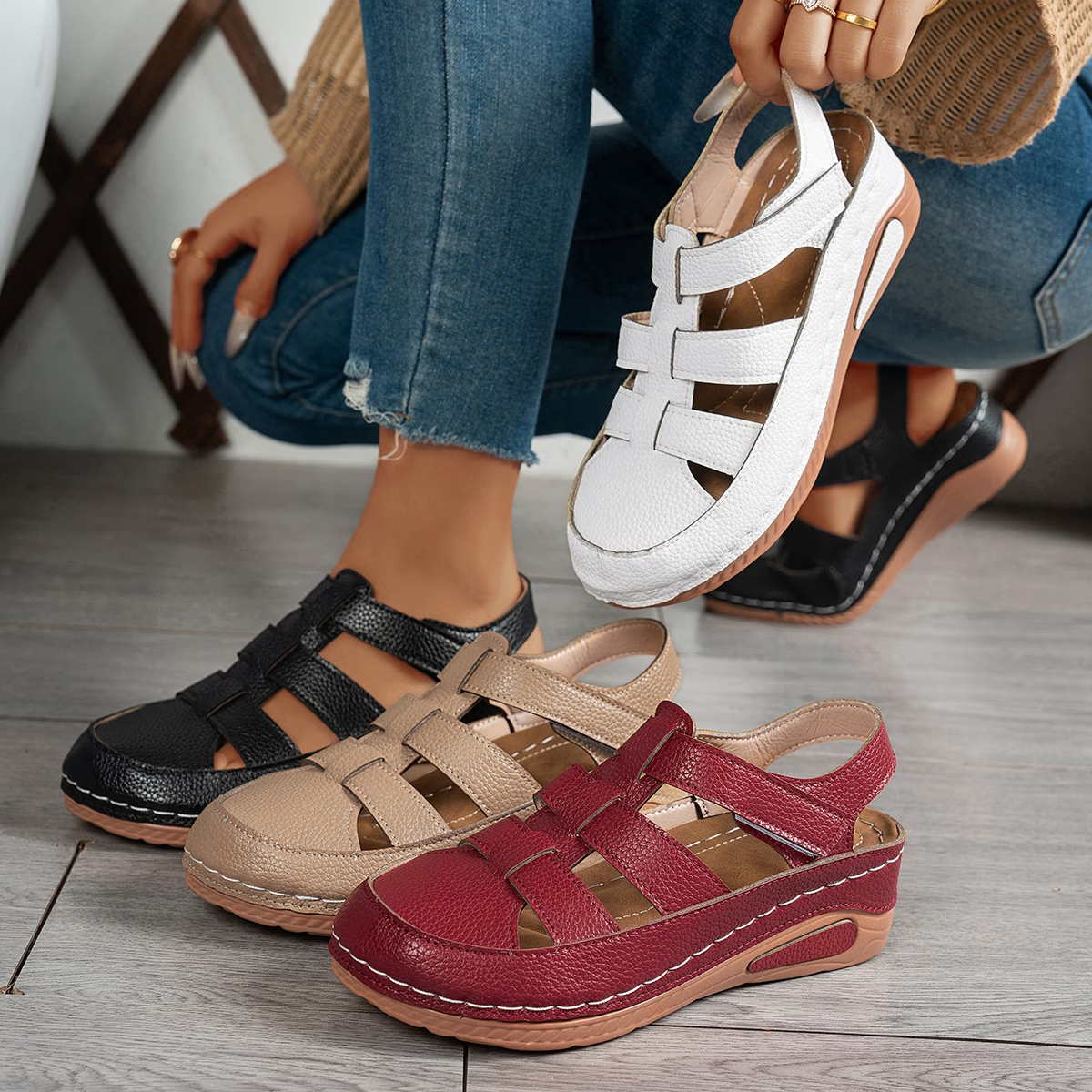 Women's Fashion Comfortable Hollow Breathable Adjustable Hook-And-Loop Wedge Sandals Outdoor Shoes