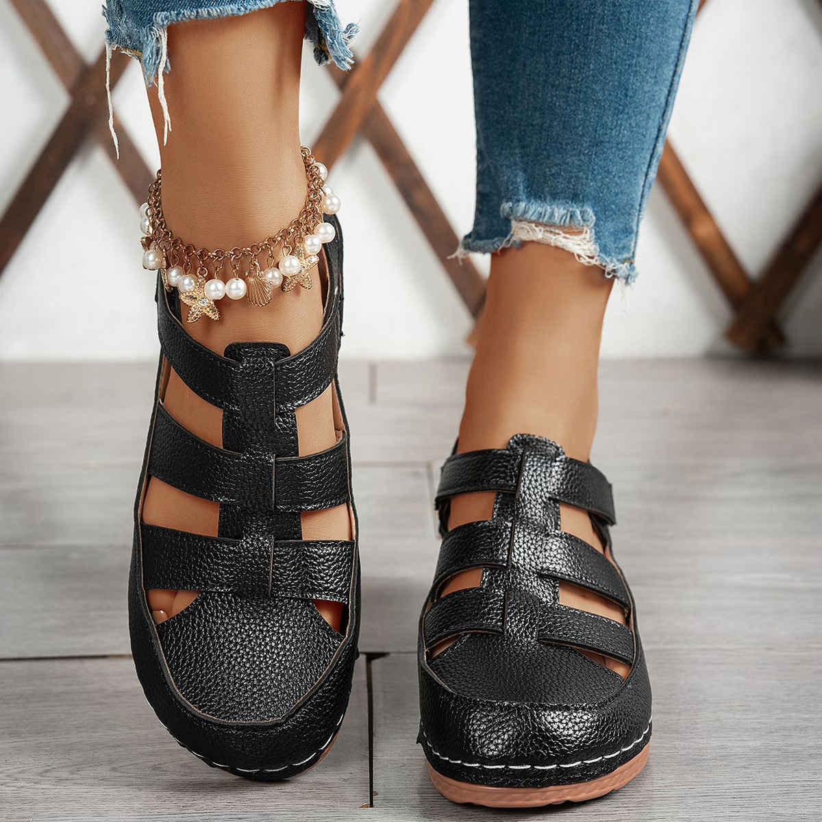 Women's Fashion Comfortable Hollow Breathable Adjustable Hook-And-Loop Wedge Sandals Outdoor Shoes