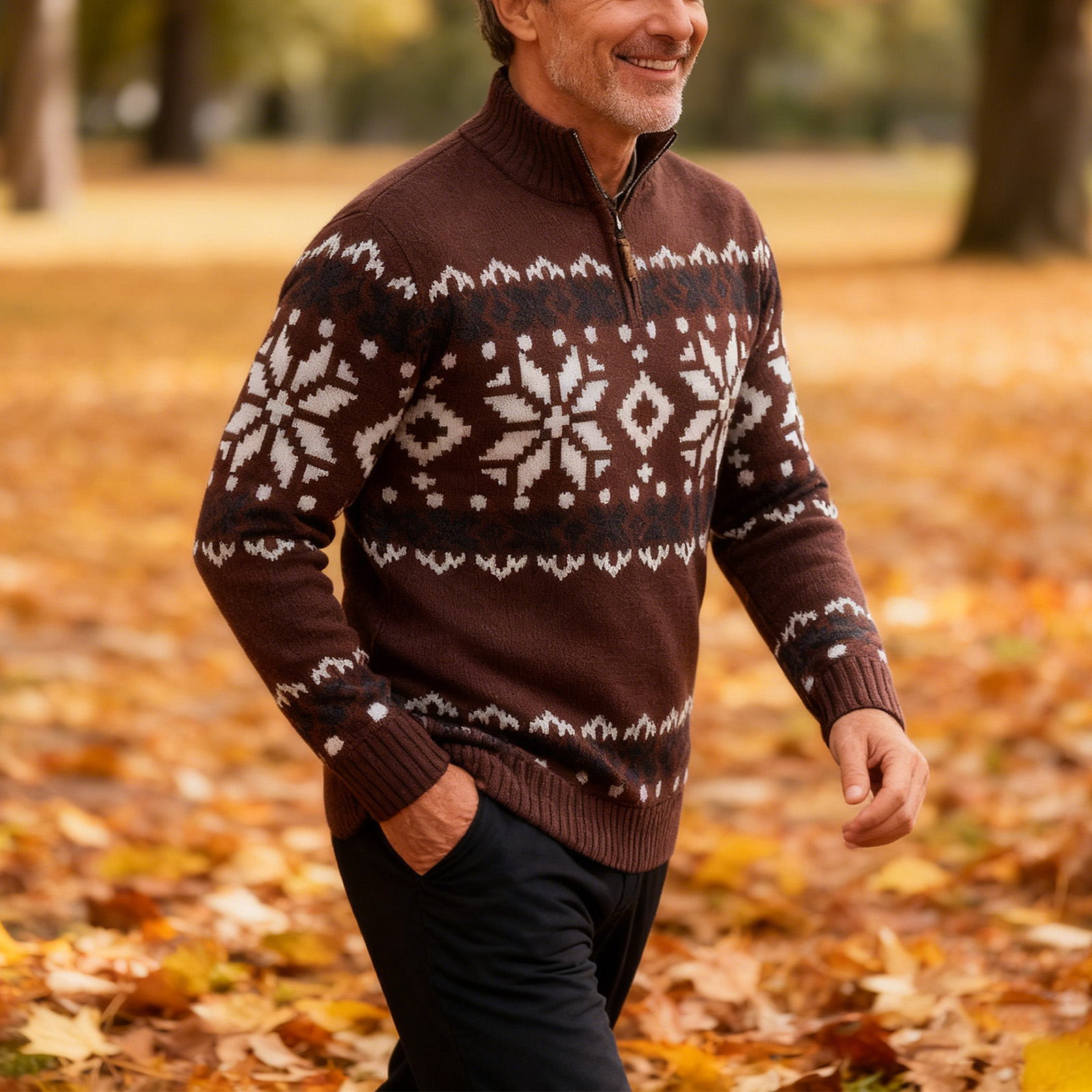 Vintage Warmth Norwool Knit Jacquard Icelandic Half Zip Collar Sweater