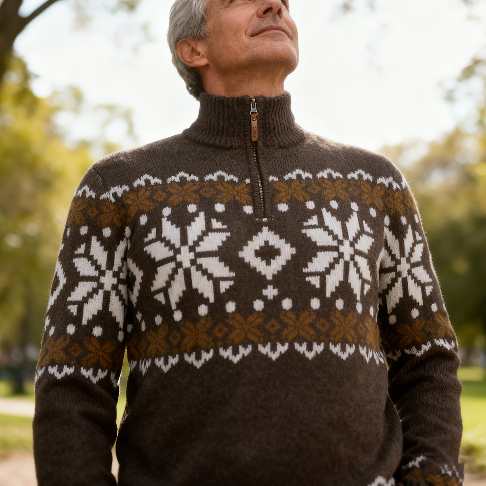 Vintage Warmth Norwool Knit Jacquard Icelandic Half Zip Collar Sweater