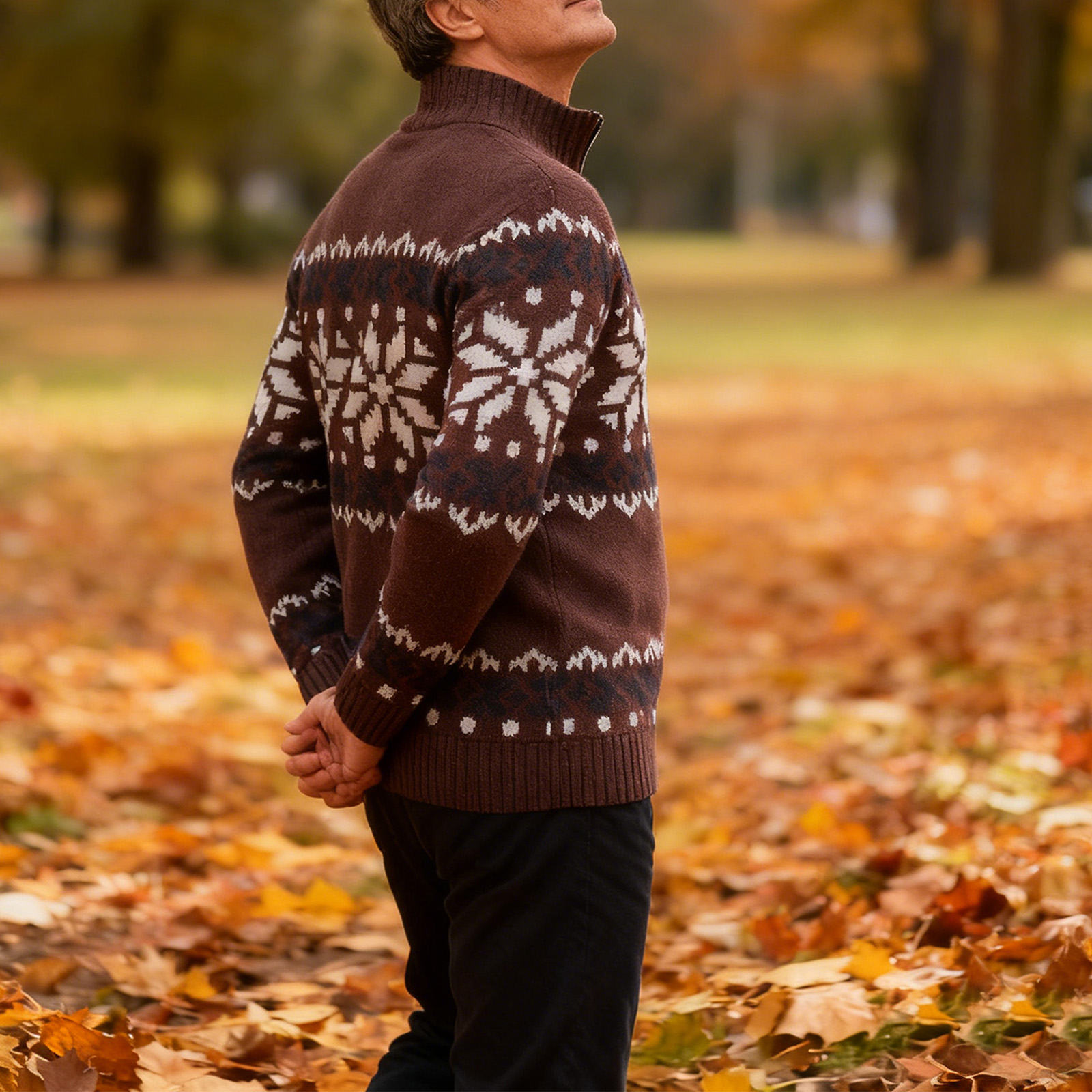 Vintage Warmth Norwool Knit Jacquard Icelandic Half Zip Collar Sweater