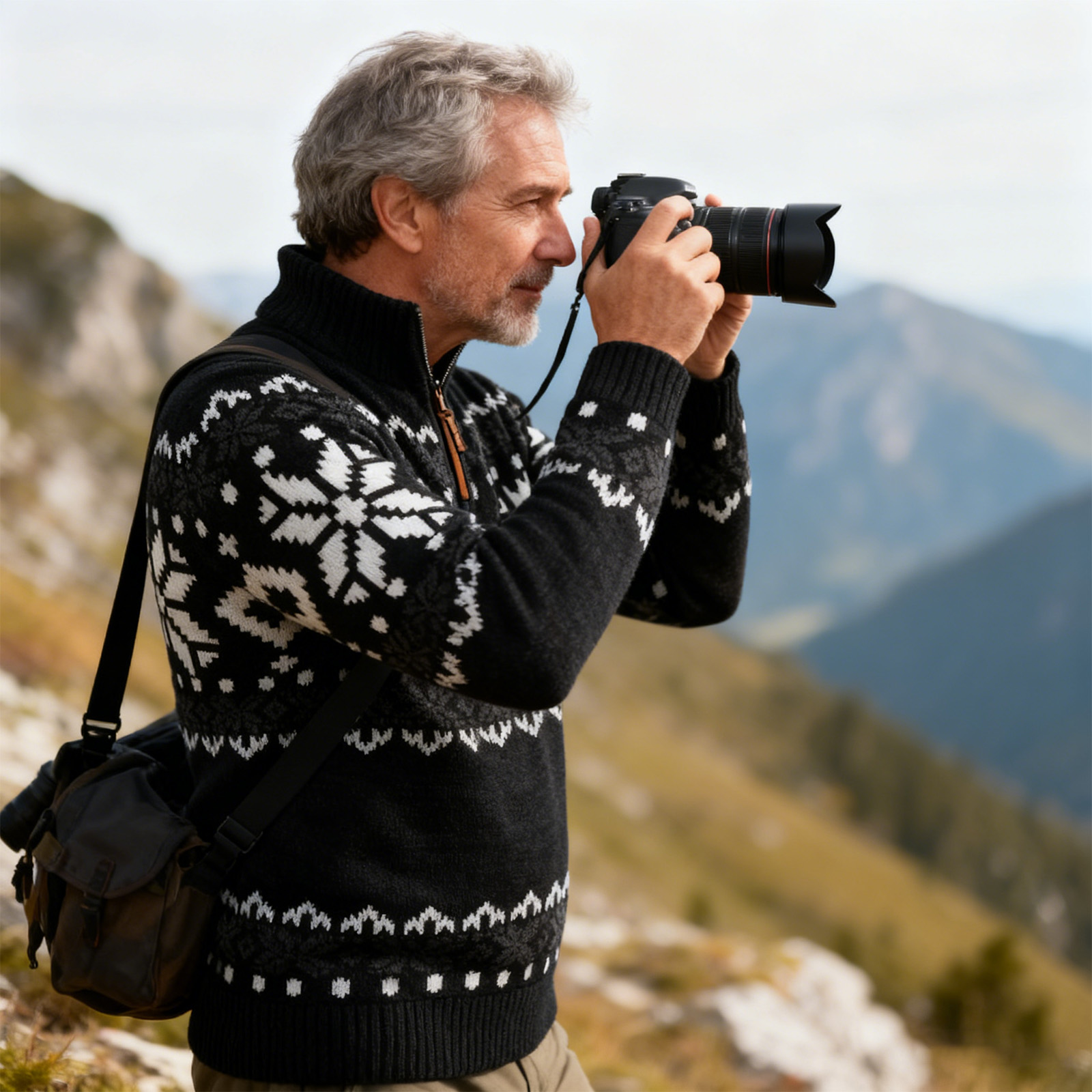 Vintage Warmth Norwool Knit Jacquard Icelandic Half Zip Collar Sweater