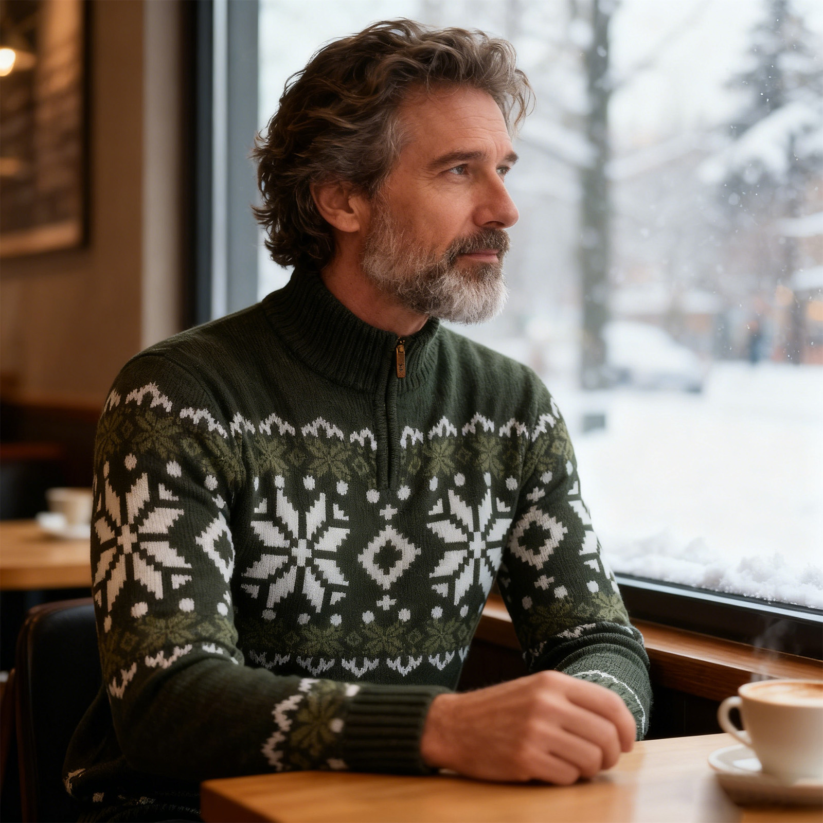 Vintage Warmth Norwool Knit Jacquard Icelandic Half Zip Collar Sweater